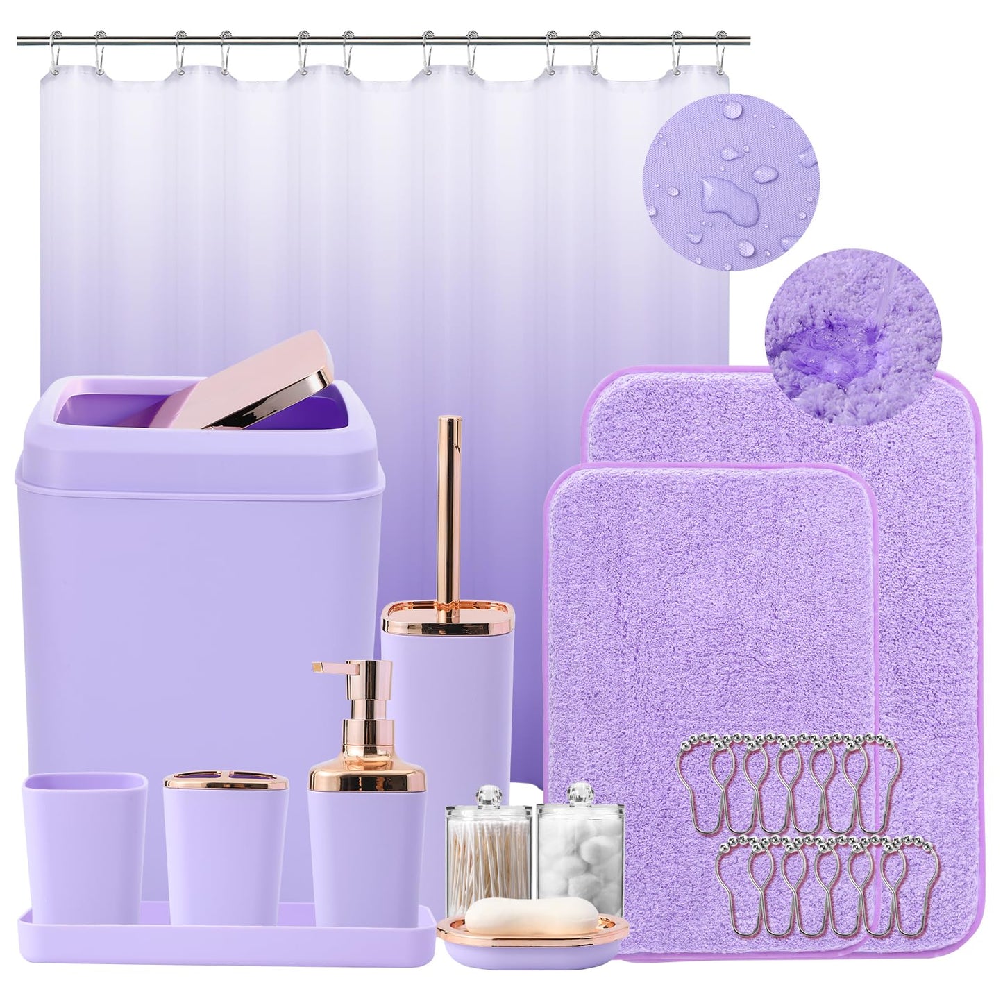 XLHOMO Bathroom Accessory Set–Bathroom Sets with Shower Curtain and Rugs, Non Slip Bathroom Rugs Super Absorbent, Light Purple Ombre Shower Curtain with Hooks, Lavender Bathroom Sets Complete for Home