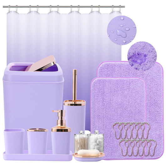XLHOMO Bathroom Accessory Set–Bathroom Sets with Shower Curtain and Rugs, Non Slip Bathroom Rugs Super Absorbent, Light Purple Ombre Shower Curtain with Hooks, Lavender Bathroom Sets Complete for Home