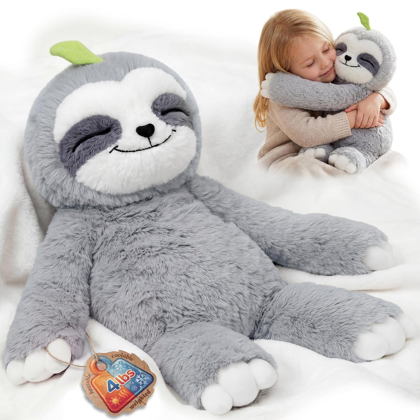 Mewaii 4 Lbs Weighted Stuffed Animals with Heating Pad- Heavy Belly & Limbs, 20" Sloth Heated Plush for a Realistic Hug, Super Soft Fluffy Plush Toy for Kids
