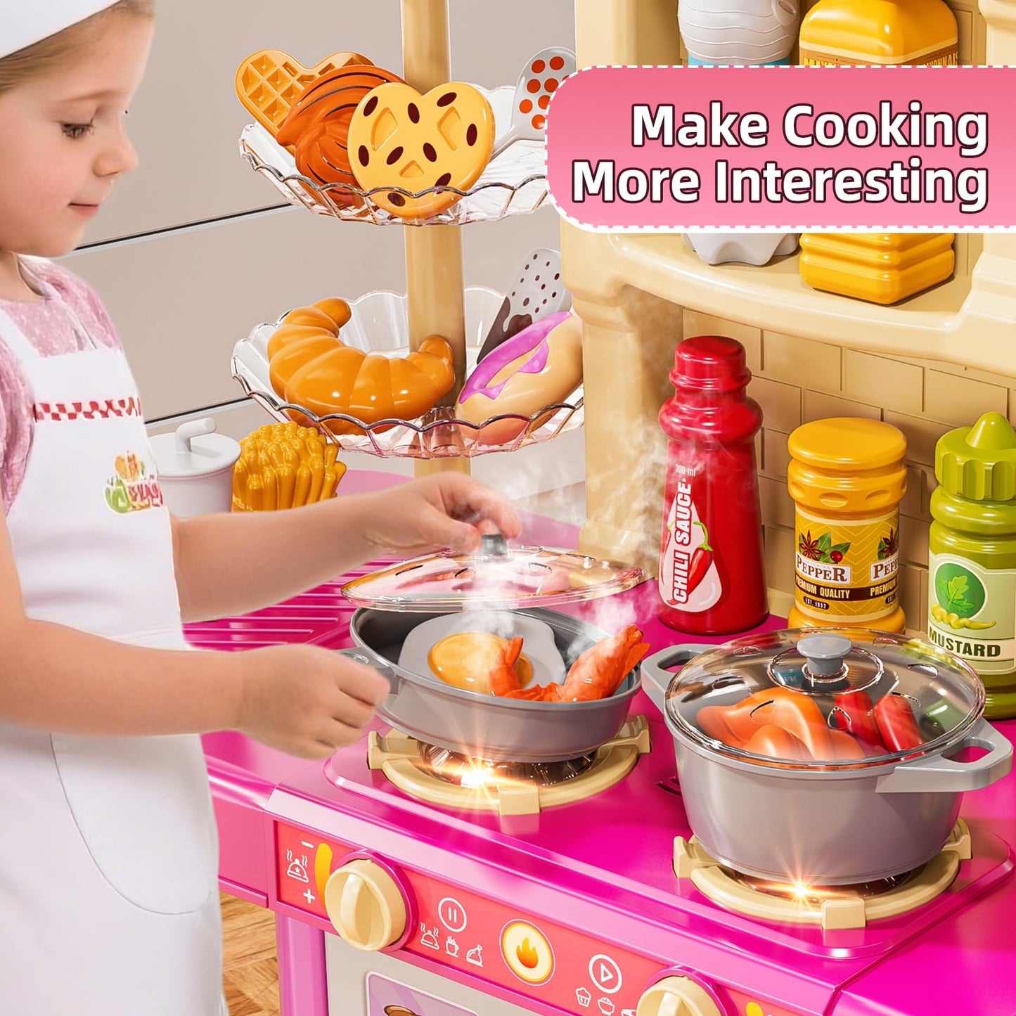 MSKOLER 36 in Kids Kitchen Playset for Ages 2-6 4-8, Play Kitchen with Light, Sound and Spraying, Sink Toy Accessories, Cooking Stoves, Pretend Food Toys for Toddlers 1-3 3-5 Boys Girls 6-12 (Pink)