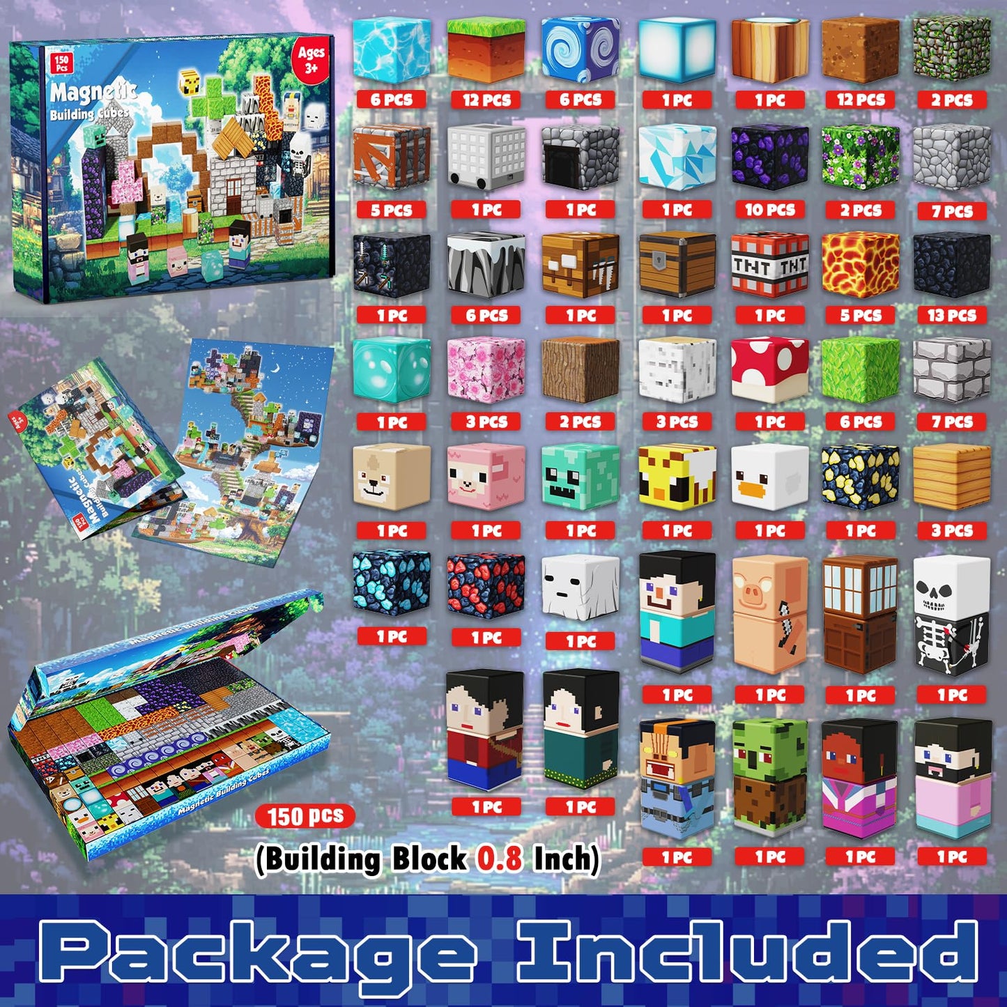 Magneverse 150 PCS 0.8in Magnetic Blocks - Magnet Toys, Magnetic Building Blocks Cubes, Stacking Magnets, School STEM Toys Birthday Gifts for Boys and Girls Age 3+ Years Old (Theme: Adventure World)