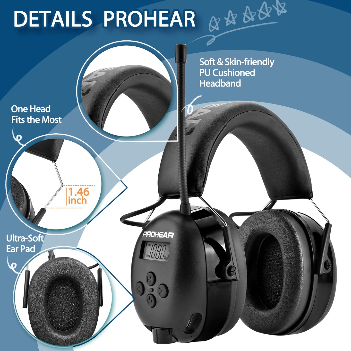 PROHEAR 033 AM FM Bluetooth 5.4 Radio Headphones - USB C Rechargeable 2000mAh Battery - Radio Headset Hearing Protection 31dB SNR - 48Hrs Playtime - Ear Protector for Mowing Lawn, Gifts for Father