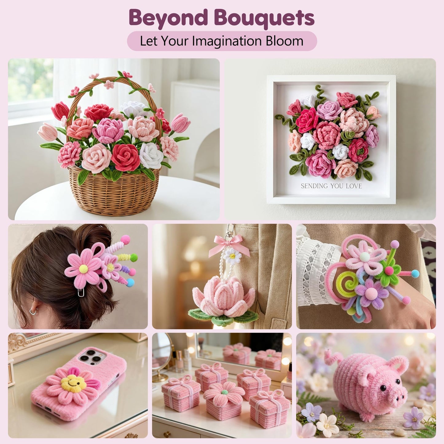 EARLY MINDS 800Pcs Pipe Cleaner Flower Bouquet Kit, 8 Colors Romantic Pink Chenille Stems Craft Set with Floral Tape, Flower Stems, Gift Wrap & More, DIY Bouquet Gift for Adults