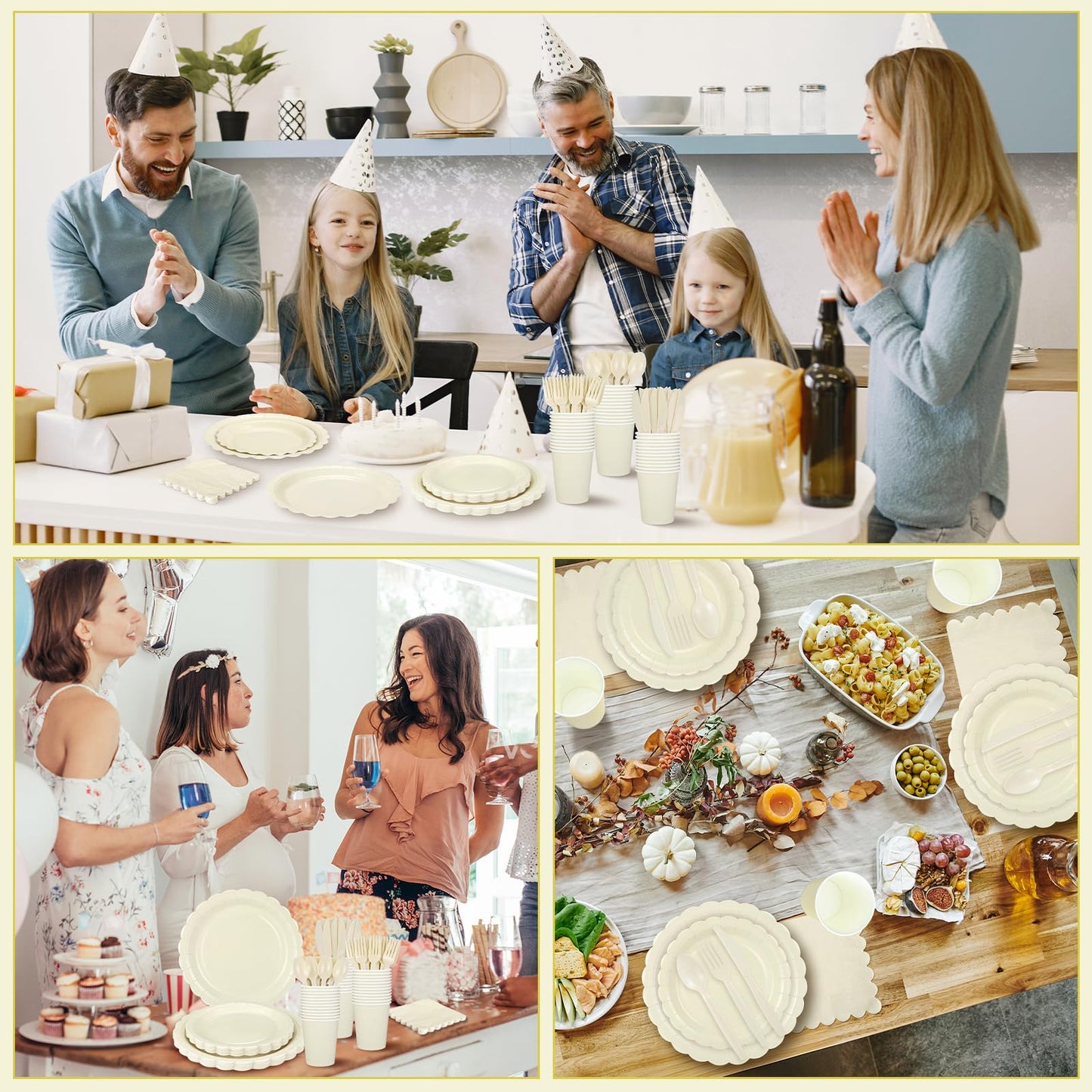 Xiangqu 350 Pcs Ivory Dinnerware Sets, 9" Party Plates, 7" Cream Dessert Plate, 9oz Cups & Cutlery, 50 Guest Beige Scalloped Disposable Plates Set for Baby Bridal Shower, Wedding, Birthday