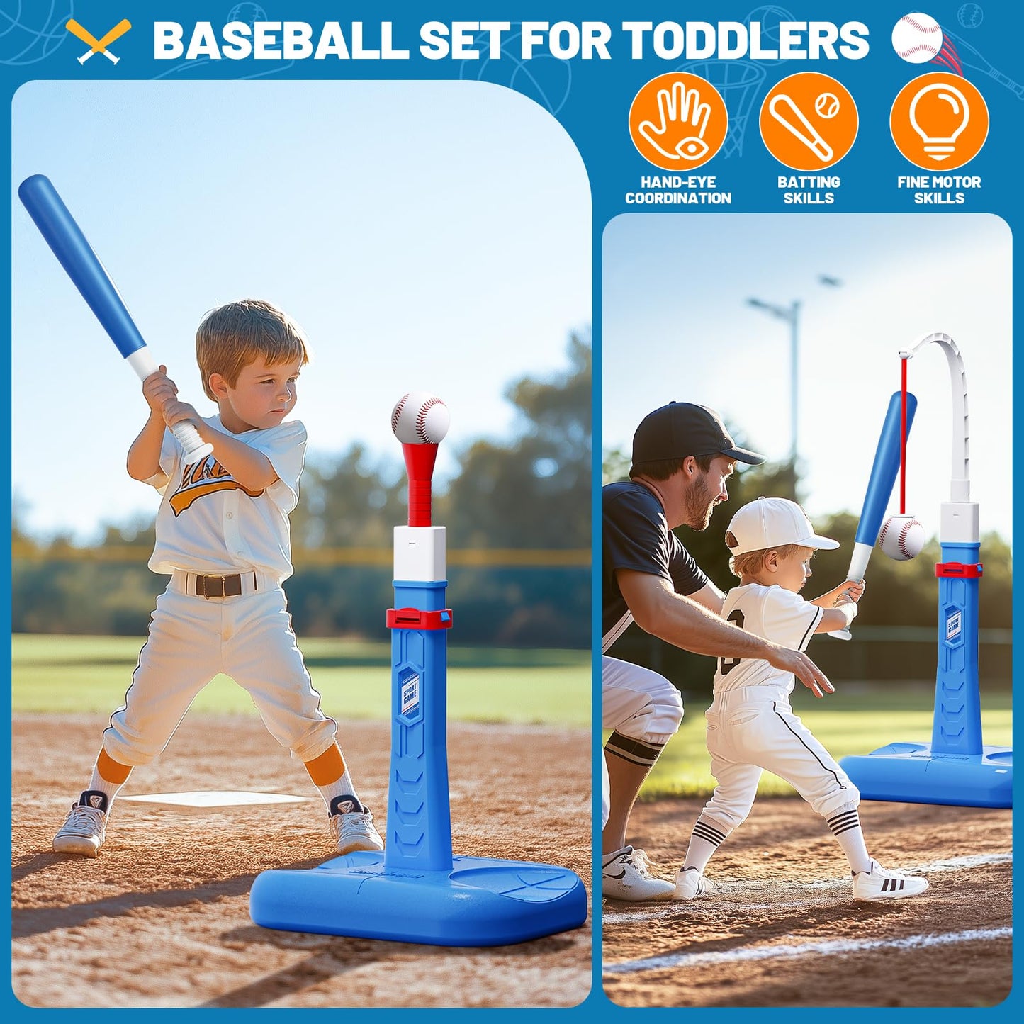 3 in 1 Kids Basketball Hoop and T Ball Set, Adjustable Height Toddler Basketball Hoop, Hanging Tee Baseball, Indoor Outdoor Sports Toys Gifts for Toddlers Boys Girls Ages 3 4 5 Year（Blue