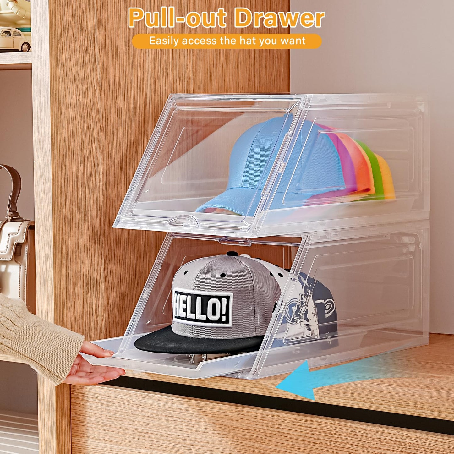 Amllas 2 Pack Stackable Hat Organizer for Baseball Caps, Large Clear Hat Holder with Sliding Drawer, Hat Storage Box with Door, Baseball Cap Organizer