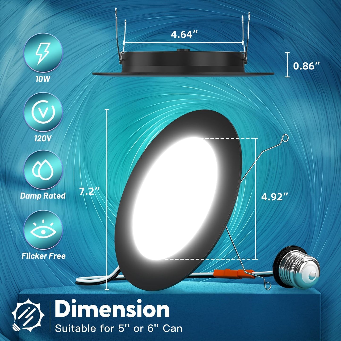 FREELICHT 12 Pack Retrofit LED Recessed Lighting 6 Inch, Selectable 2700K/3000K/4000K/5000K/6000K, Dimmable Flat LED Can Lights, 10W=110W, 1000LM, IC & Damp Rated, ETL & FCC, Black
