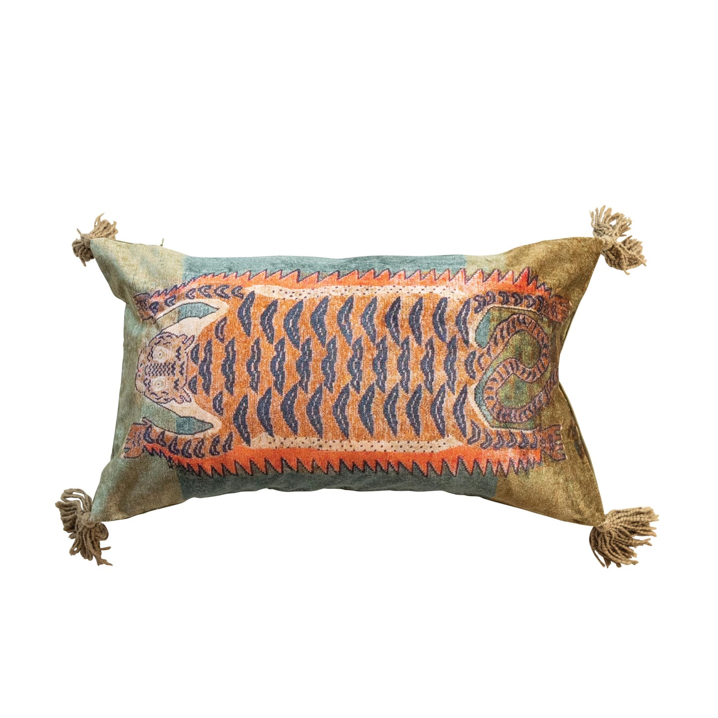Creative Co-Op Cotton Velvet Blend Tiger Lumbar Pillow with Tassels, Multicolor