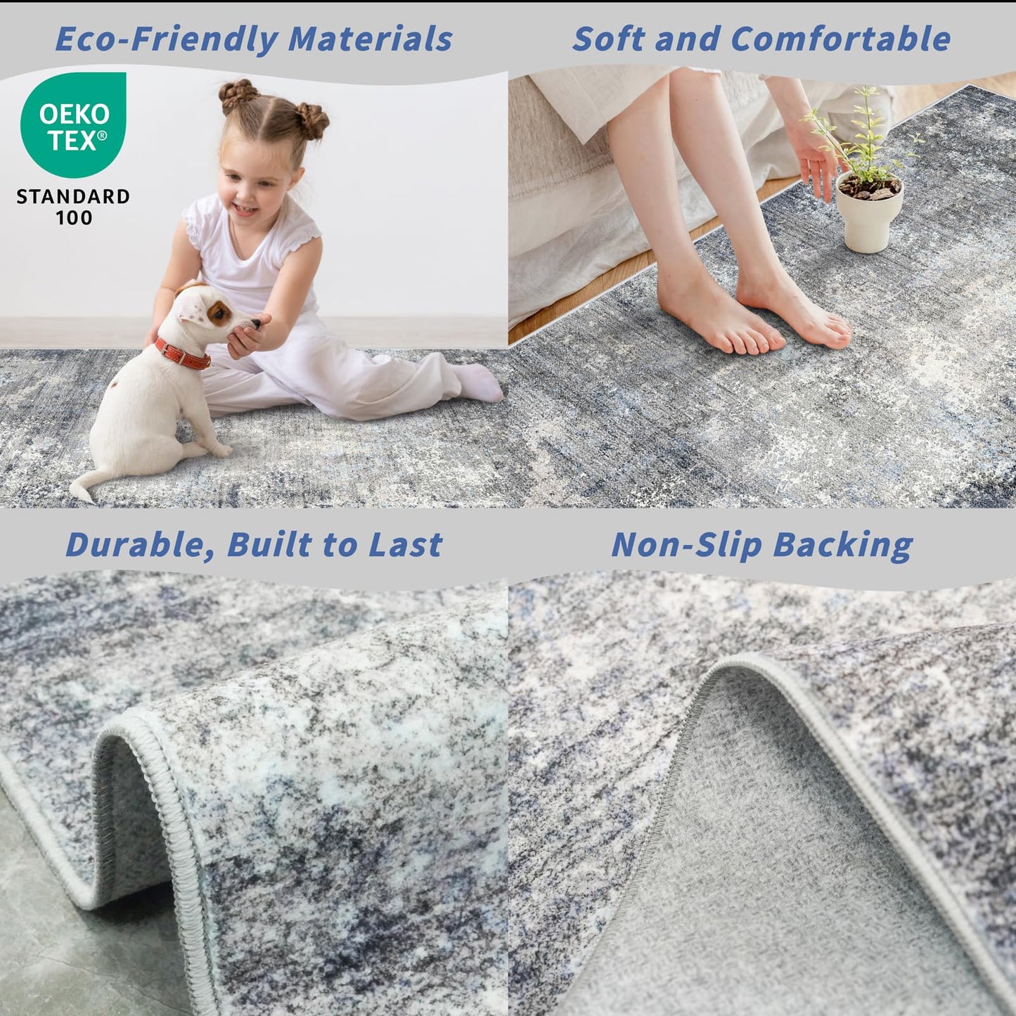 4x8 Washable Indoor Entryway Rug – Non-Slip Rubber Backed Floor Mat for Kitchen, Hallway, Bedroom – Modern Abstract Low-Pile Thin Wide Carpet Runner for Bathroom, Living Room, Office (Blue Grey, 4x8)