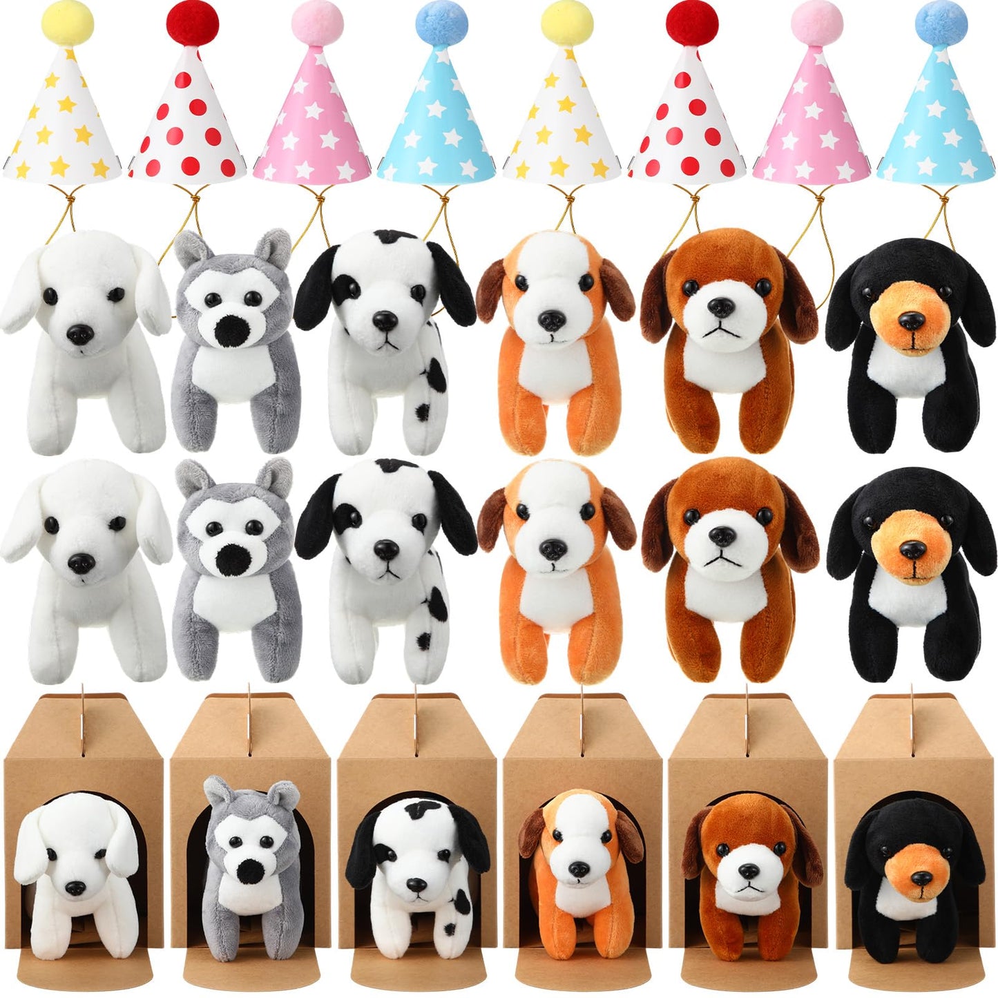 Simgoing 12 Set Mini Plush Toy Stuffed Animals Adopt a Dog Set with 12 Stuffed Dogs 12 Kraft Paper Boxes 12 Birthday Hats for Boys and Girls Animal Theme Birthday Party Favors(Brown)