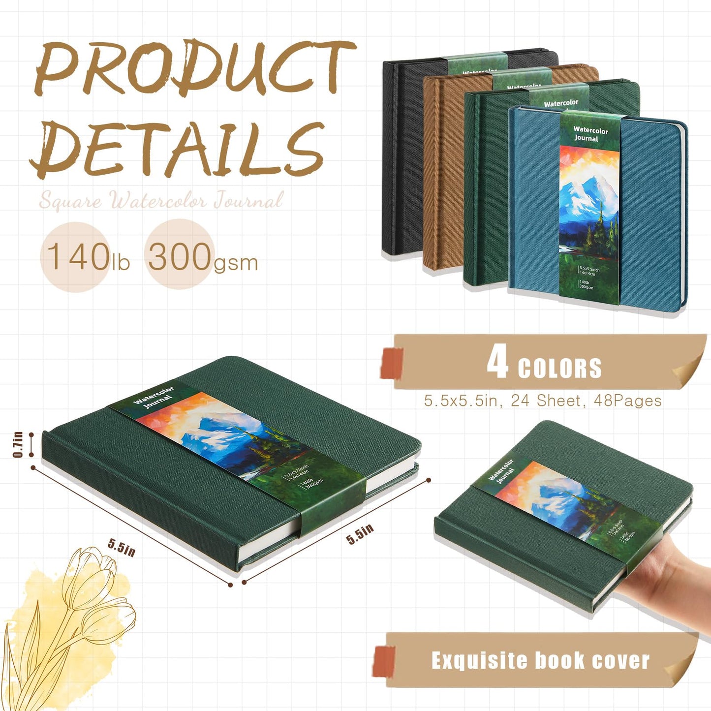 Mooliwe 4 Pcs Watercolor Travel Journal Watercolor Sketchbook Painting 5 x 5 Inch 300 GSM Cotton Cold Press Notebook for Painter Beginner Graduation Gift(Dark Green Color)