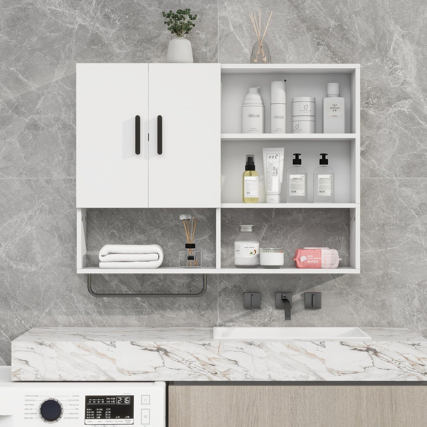 Vavkorkula Bathroom Wall Cabinet, Medicine Cabinet, Wall Mounted Bathroom Cabinet with 2 Doors & Towel Bar, Over The Toilet Storage Cabinet for Laundry & Kitchen, White