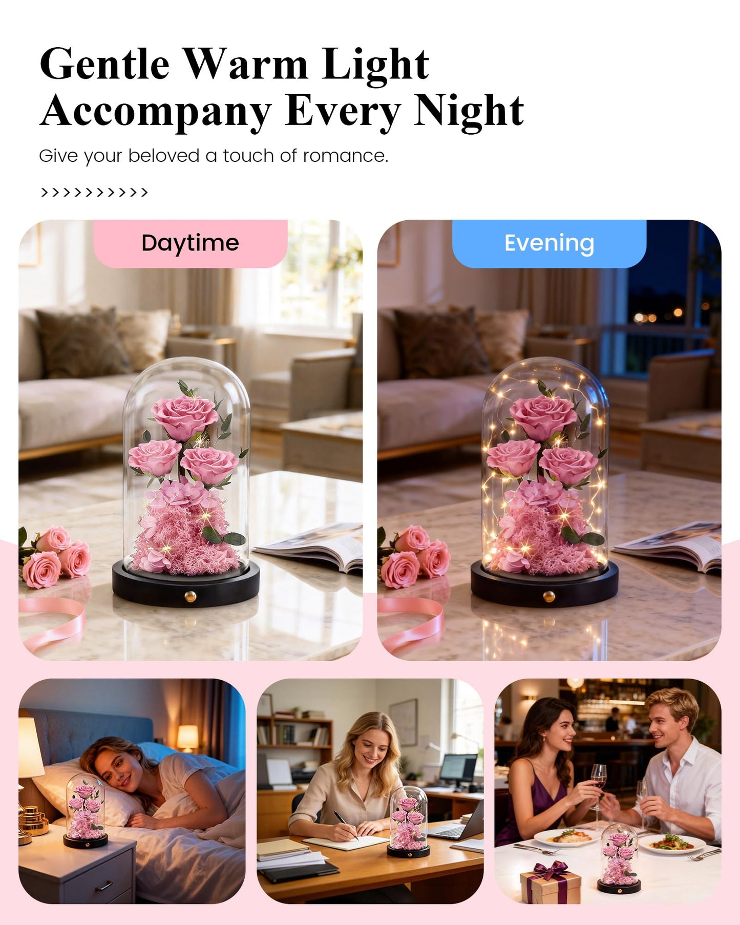 Agrul Birthday Gifts for Women Forever Preserved Flowers Roses in Glass Dome for Women Mom Wife Girlfriend Daughter Birthday Gifts/Pink Rose