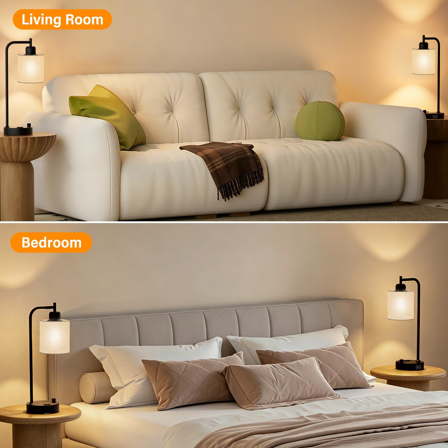 SIBRILLE Industrial Table Lamps with Linen Shade, Set of 2 Fully Dimmable Bedside Lamps with USB A+C Ports and Outlet, Black Nightstand Desk Lamps for Bedrooms Living Room Office, 2 LED Bulbs Included