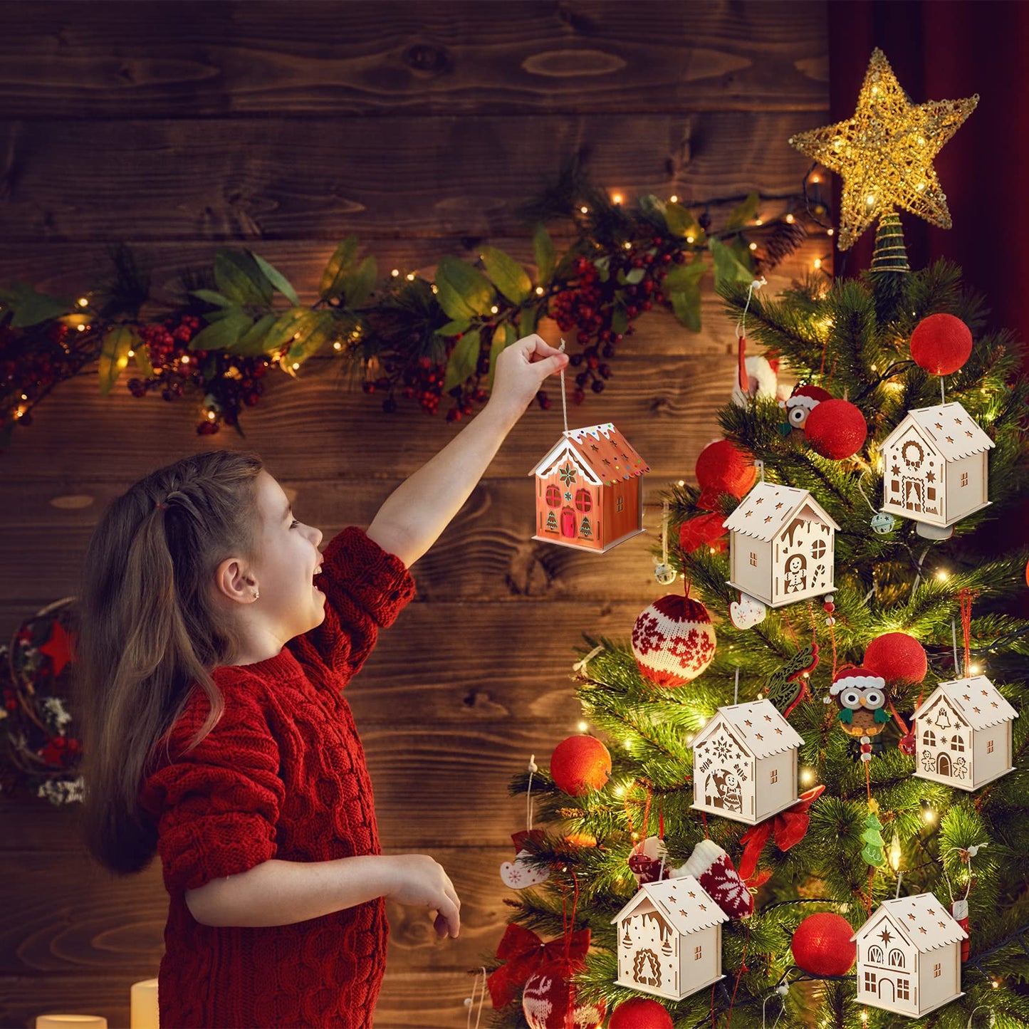 Kathfly 18 Sets Wooden Christmas Houses and Watercolor Pens, Christmas Graffiti Crafts Gingerbread Wooden Houses Christmas Tree Ornaments for Kids DIY Paint Art