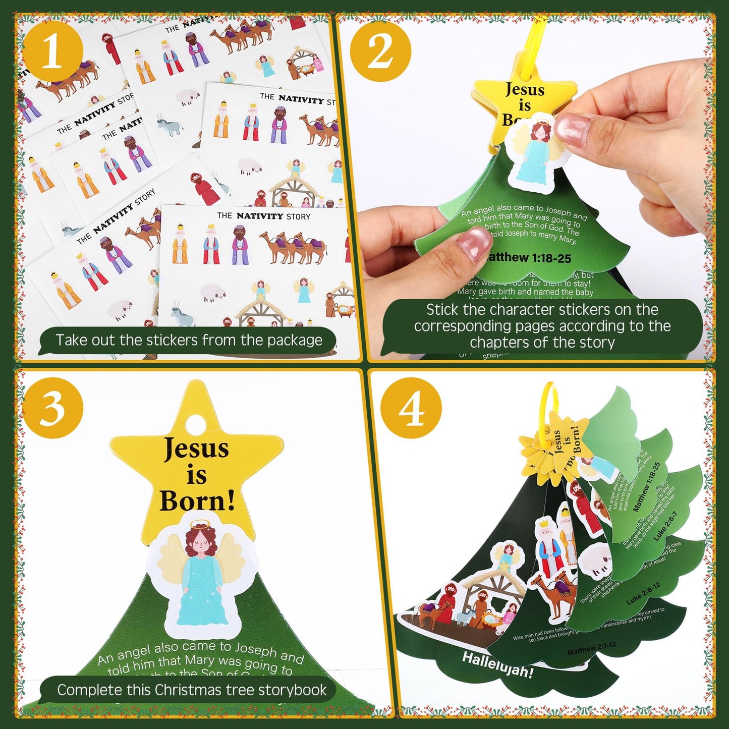 Seenelling 24 Sets Nativity Crafts for Kids Religious Nativity Scene Stickers DIY VBS Crafts Christmas Tree Jesus Story Books Kids Christian Storytelling Play Kits for Church