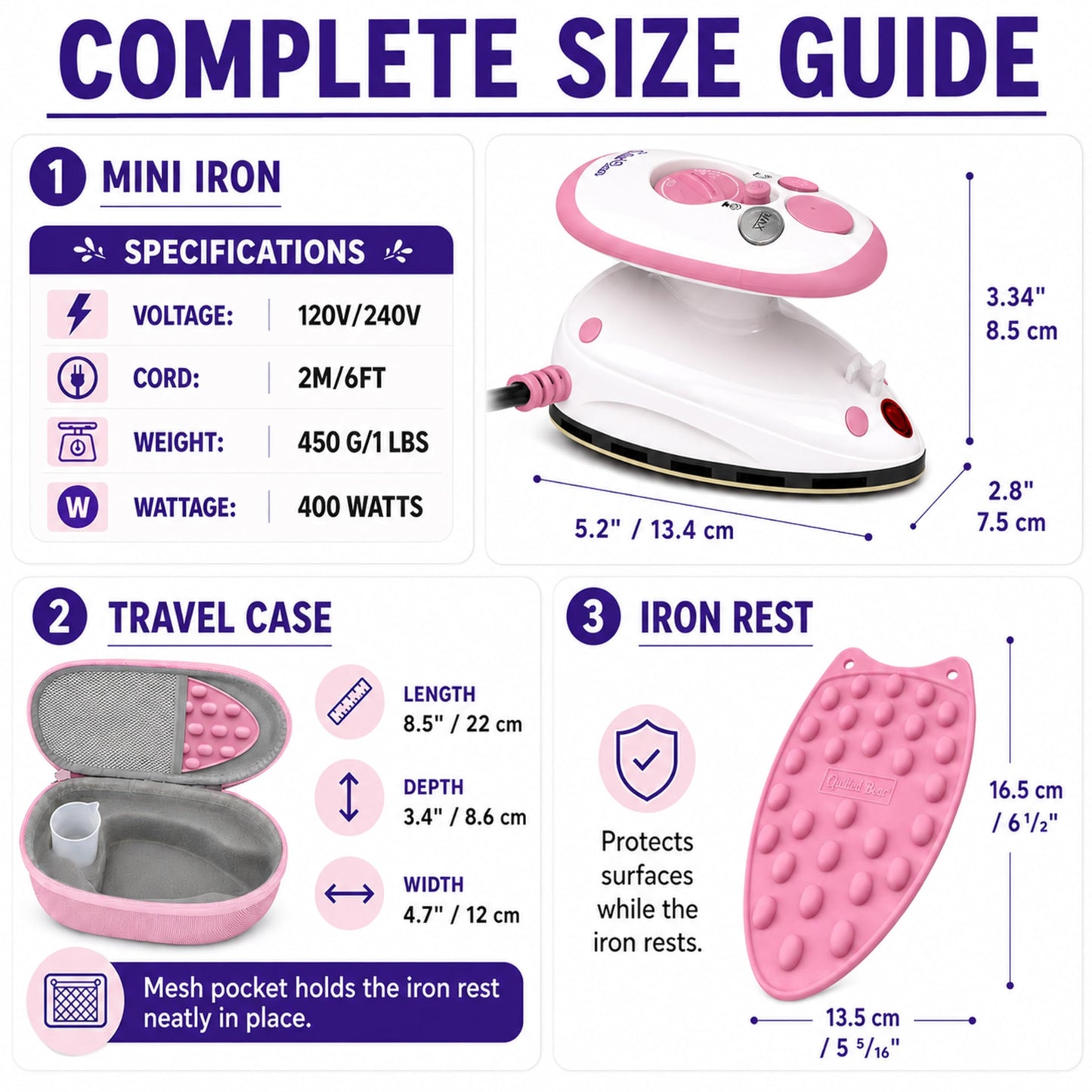 The Quilted Bear Premium Mini Steam Iron - Lightweight Mini Travel Iron for Effortless Quilting & Wrinkle-Free Clothes with Carry Case & Iron Rest Set - Travel Steamer for Clothes & Crafts (Pink)