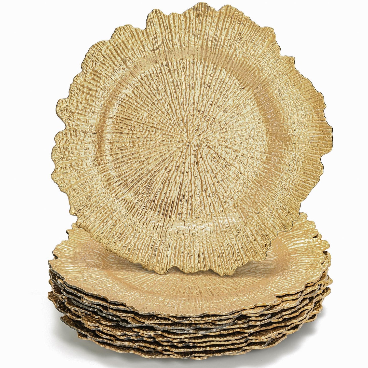 WUWEOT 12 Pack 13" Gold Charger Plates, Plate Chargers with Flora Reef Design, Plastic Round Ruffled Rim Dinner Charger Plates for Dinner Wedding Party Decoration
