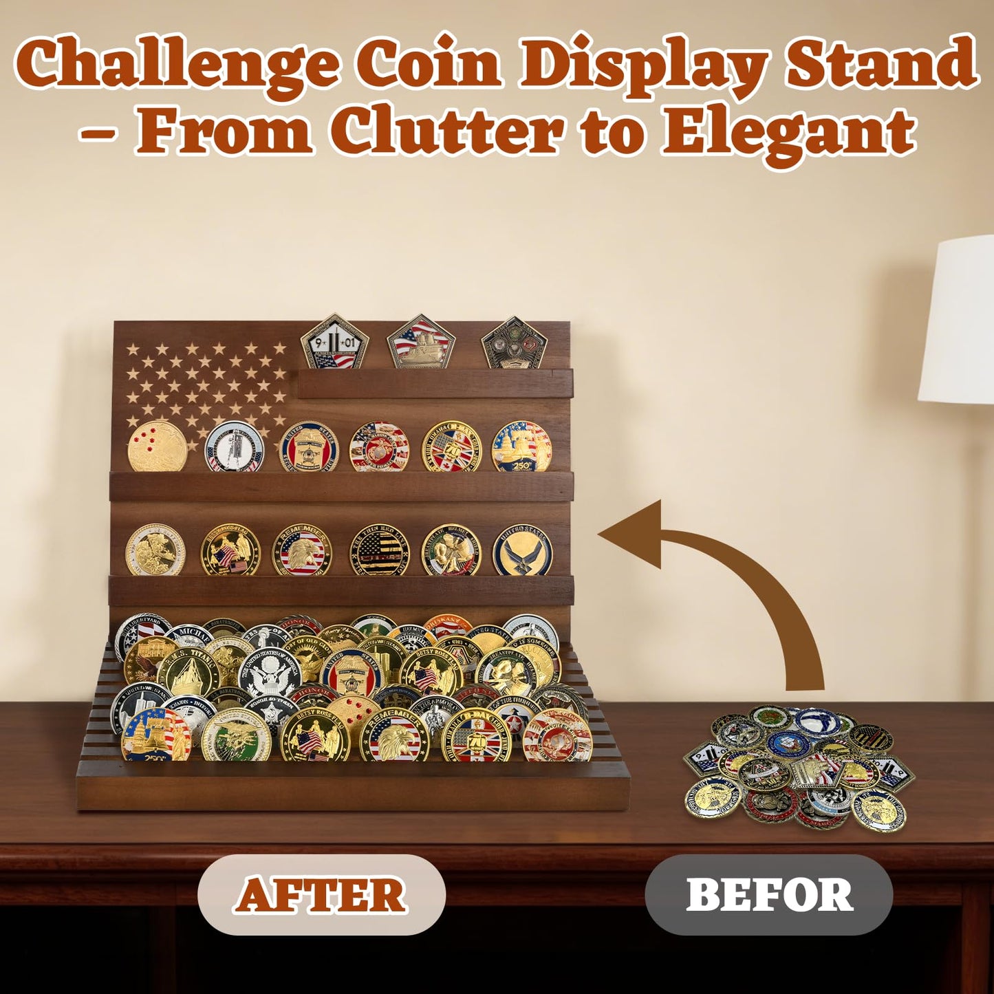 Yncotte Challenge Coin Display, Slotted Stands Military Coin Holder Display Rack Solid Wood for Army Coin Collection Desk Tabletop Decorative Stands, Large Capacity of 80 Coins 8 Raw (Walnut)