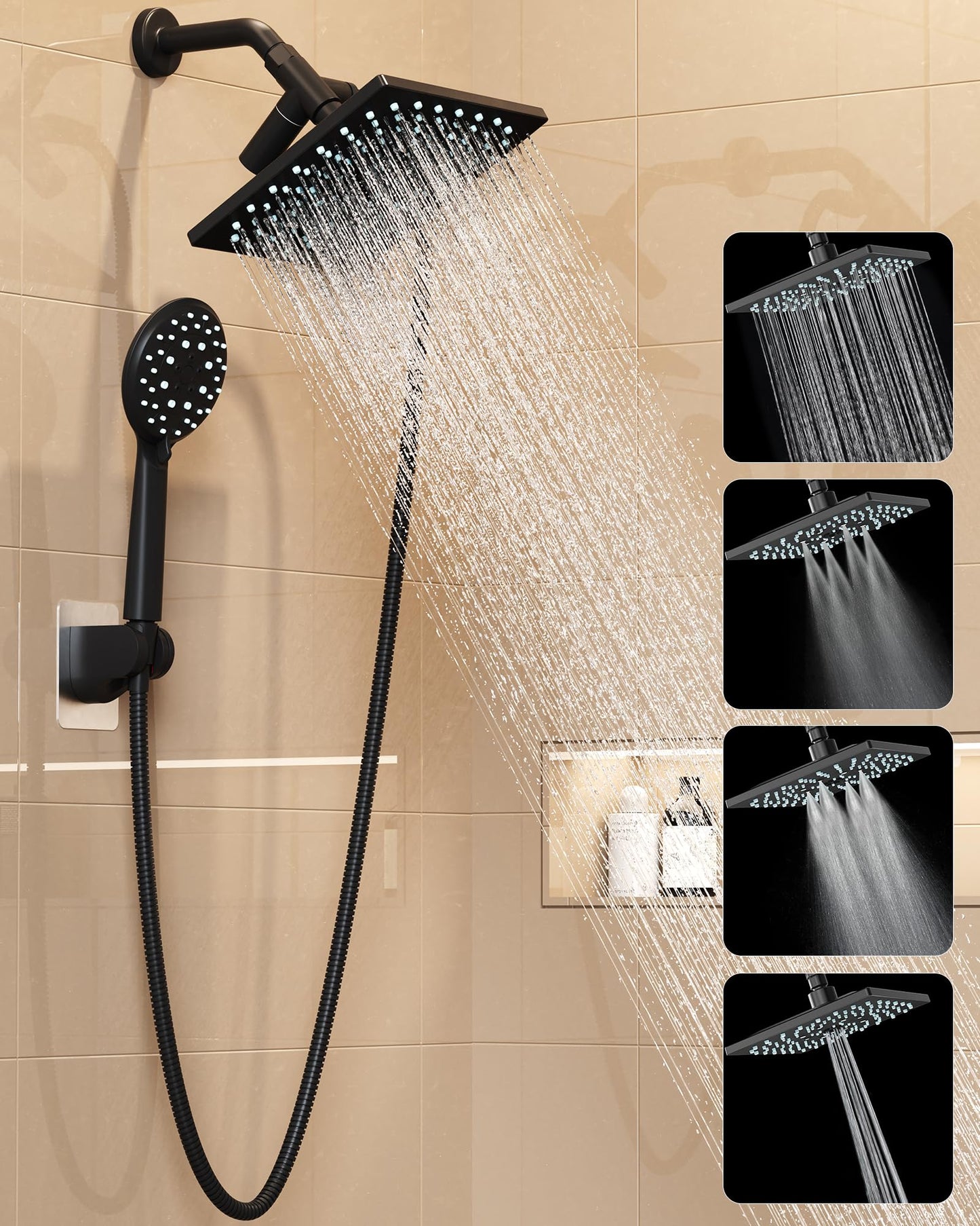Veken High Pressure Rain Shower Head with Handheld, Multi-Functions Square Rainfall Shower Heads with 5-Mode Handheld Spray Combo, Detachable Hand Held Showerhead, Dual Matte Black Regaderas Para