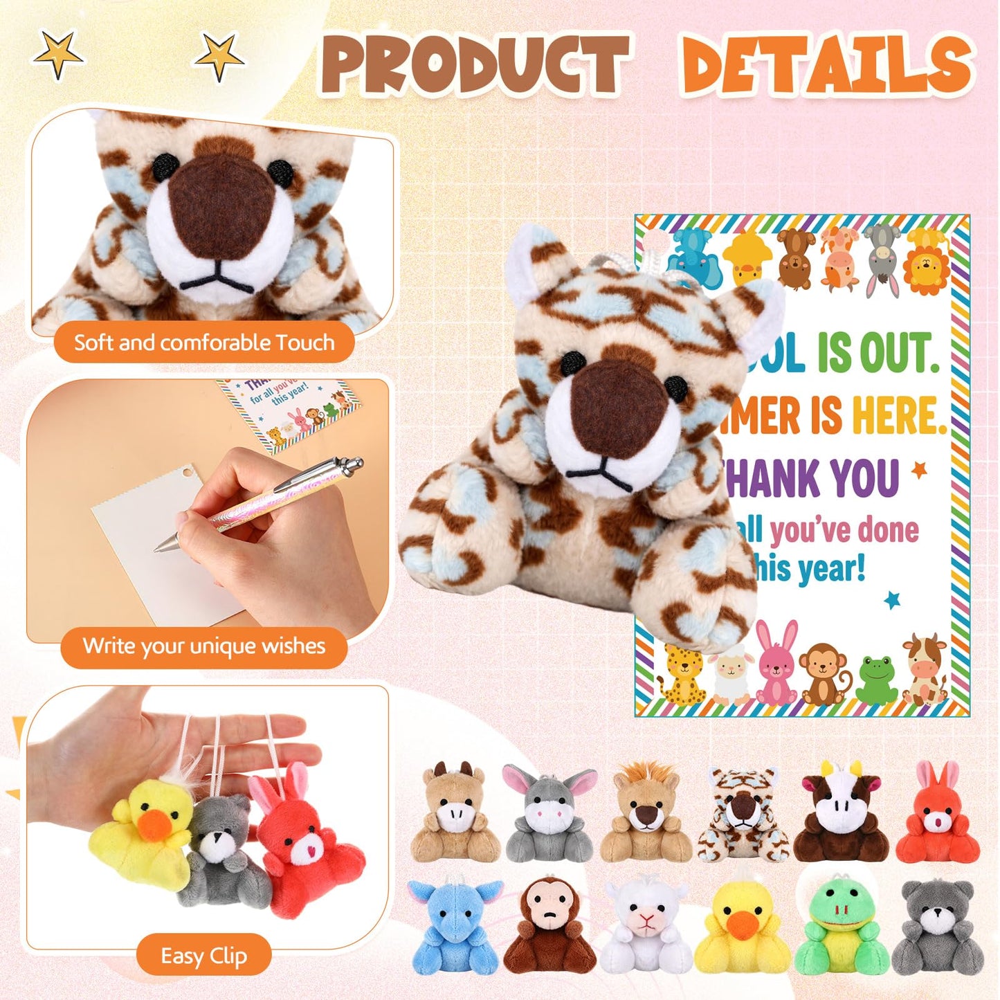 Roowest 24 Sets End of The Year Student Gifts Graduation Mini Stuffed Animal with Cards of 2026 Bulk Gifts from Teacher End of The Academic Year Party Decor(Cute)