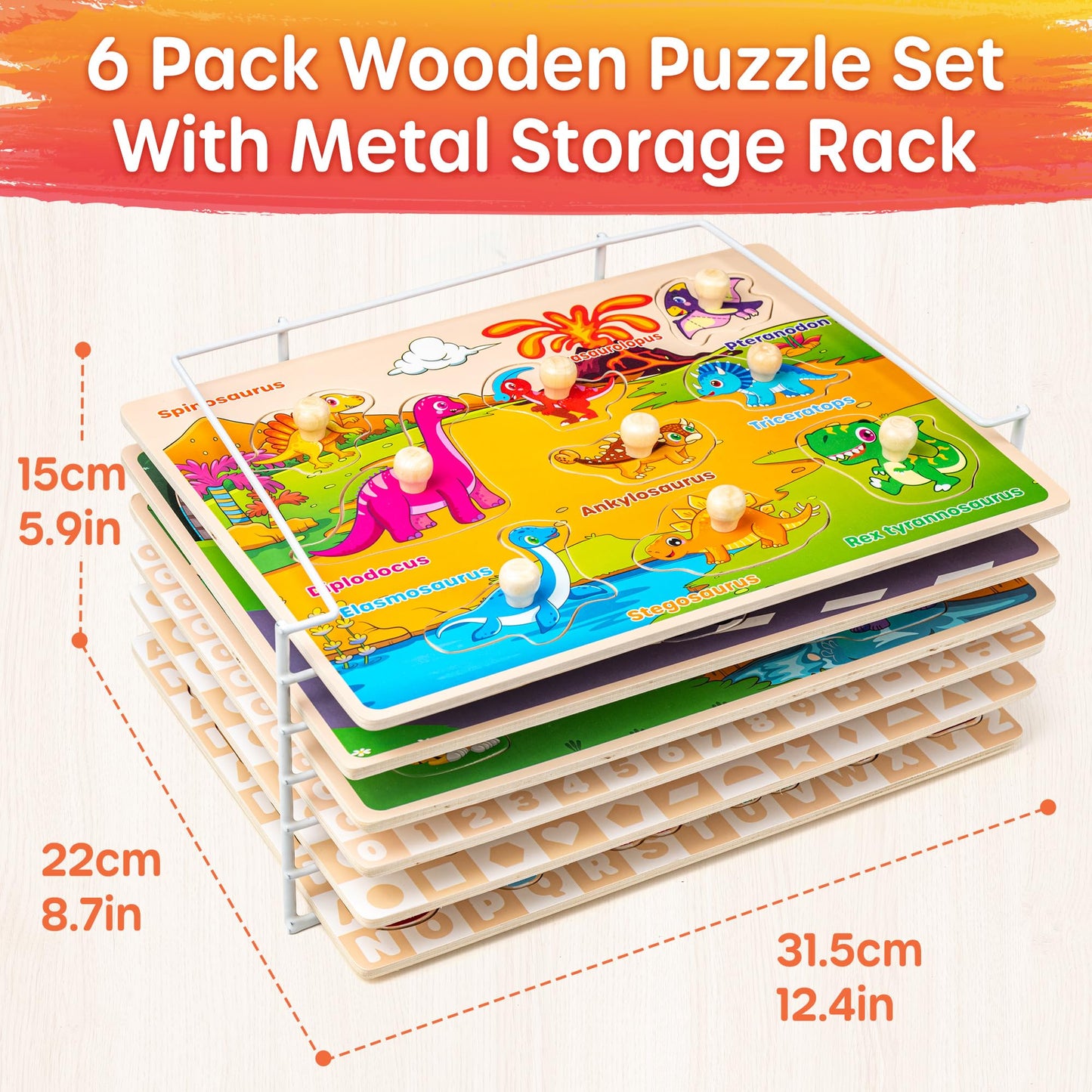 SYNARRY Wooden Puzzles for Toddlers 1-3, 6XSET Puzzles for Toddlers 2-4 with Rack, Learning Alphabet Number Animal Dinosaur Vehicle Gifts for Kids, Education Toys for 2 3 Years Boys Girls