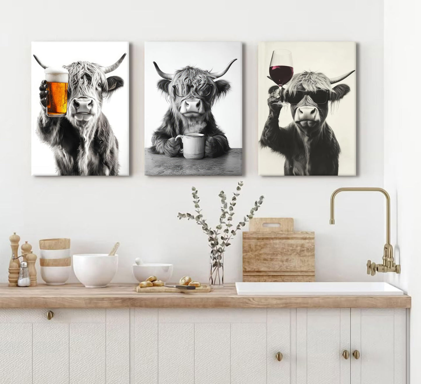 KKP Funny Highland Cow Wall Art Set of 3 - Canvas Prints Farmhouse Rustic Kitchen, Bar Cart & Dining Room Decor - Animal Lovers Home Decoration, Ready to Hang Gallery Wall Art