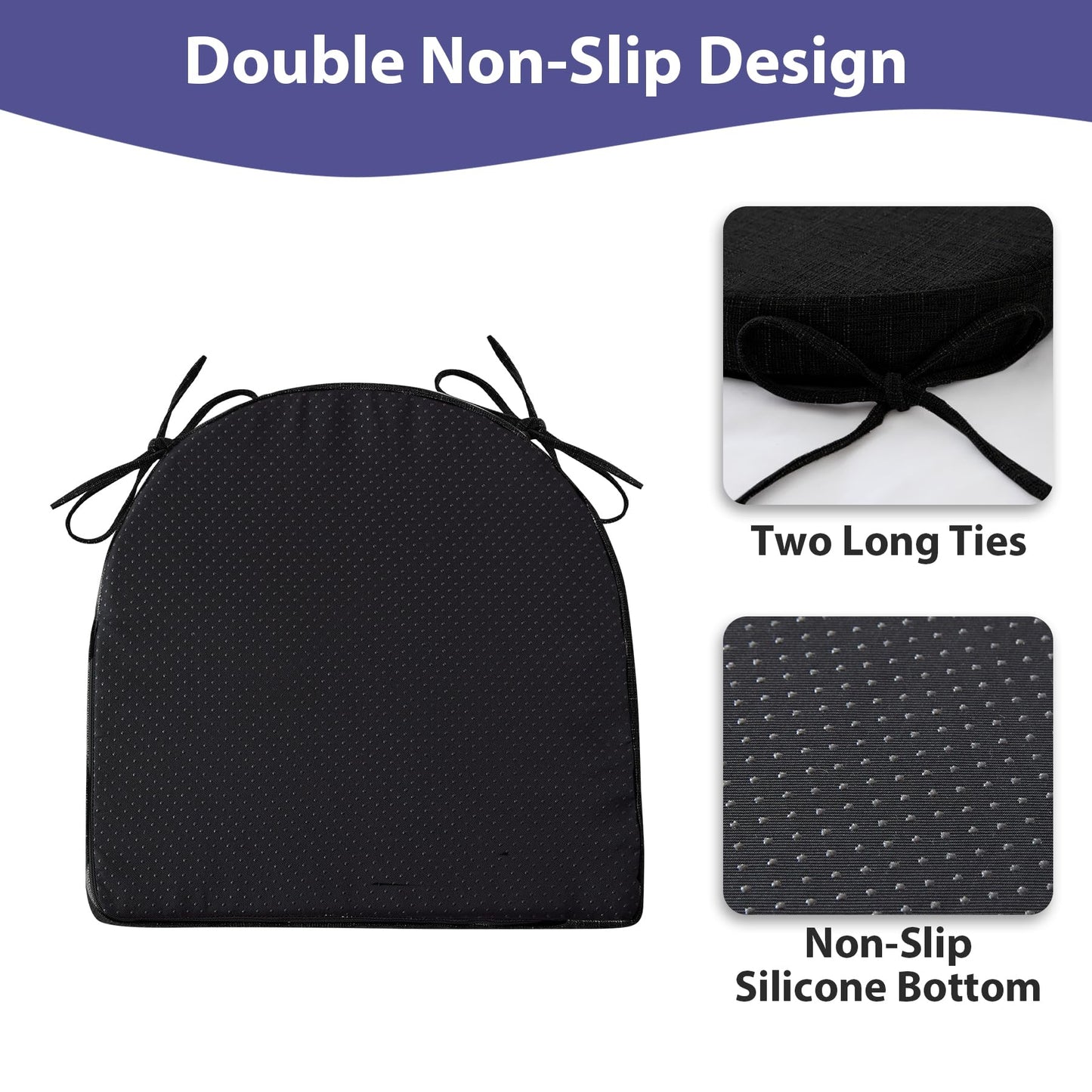 IPYNBAP Chair Cushions for Dining Chairs with Ties and Removable Cover, Dining Kitchen Chair Pads with Non-Slip Bottom, High Density Foam Indoor Seat Cushions, 16'' x 16'' x 2'', Set of 4, Black