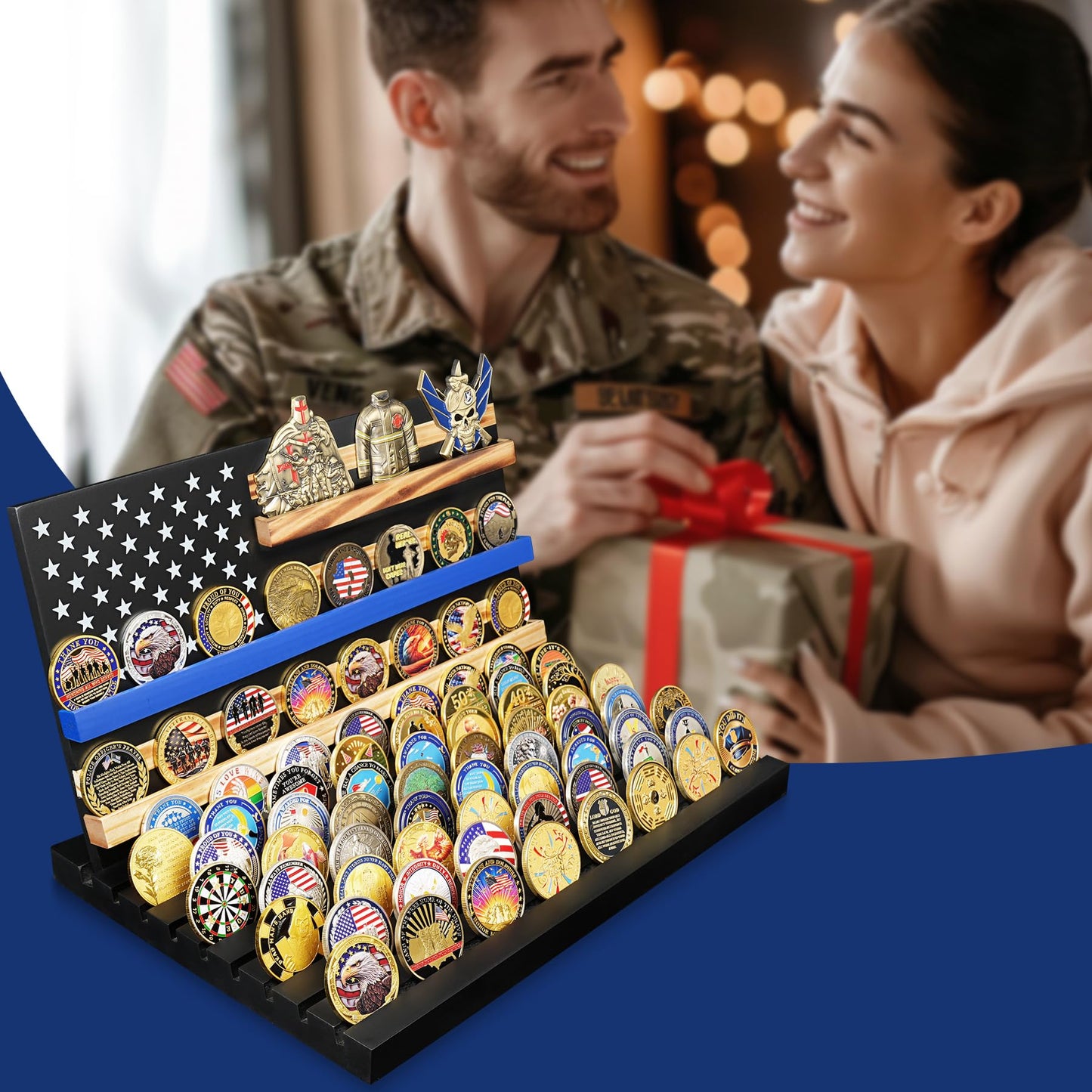 11 Rows Challenge Coin Display, Removable Military Coin Holder Display with American Flag, Wooden Coin Display Case Rack Holds 95-106 Coins,Black