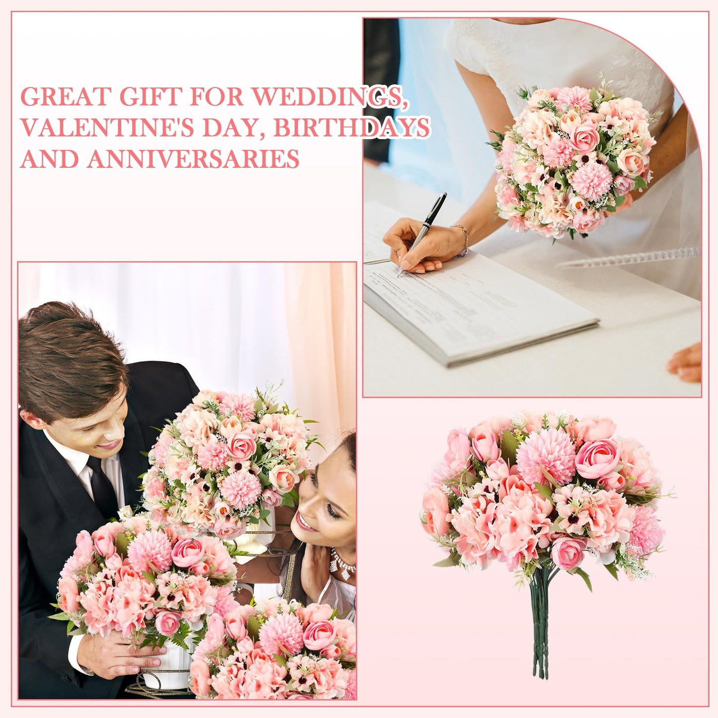 Tigeen Peonies Artificial Flowers Faux Roses Silk Flowers Hydrangea Artificial Bouquet for Wedding Table Centerpiece Floral Vase Home Office Bridal Decor(Pink,12 Bundles)