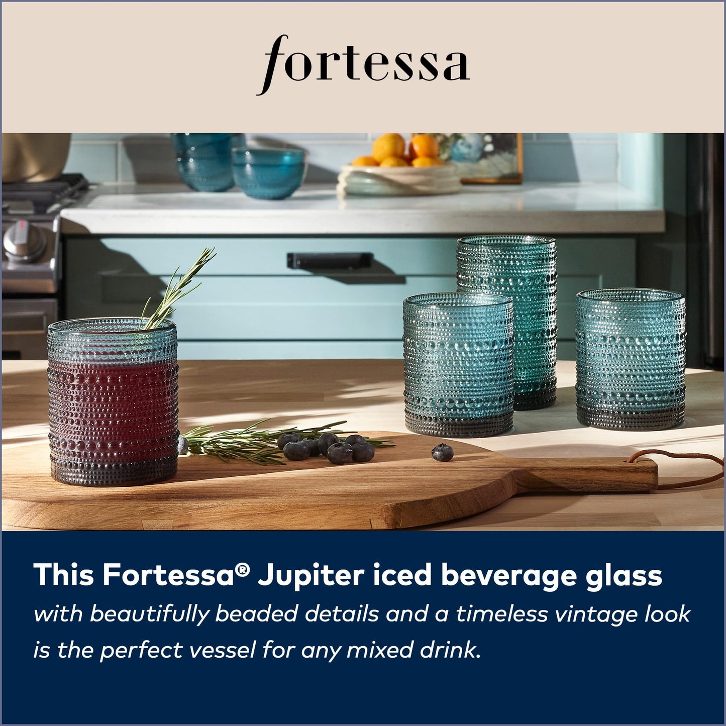 Fortessa Jupiter Beaded Hobnail Glass, 13 Ounce Iced Beverage (Set of 6), Cornflower Blue