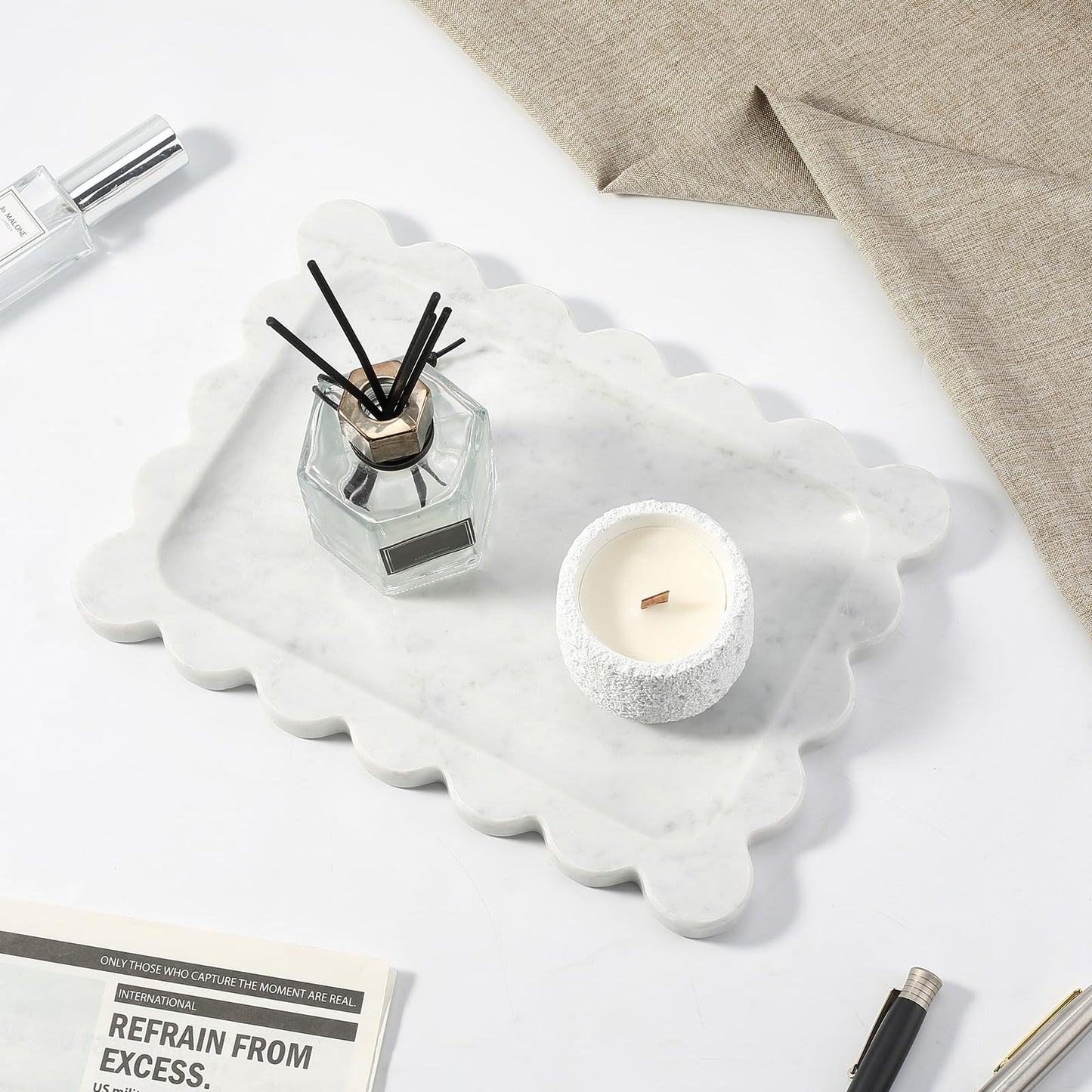 Koville Scalloped Marble Tray, 11"x8" Marble Vanity Tray for Countertop Bathroom Kitchen Dresser, Natural Stone Tray for Jewelry Perfume Home Decor, Decorative Catchall Trays(Bianco Carrara)
