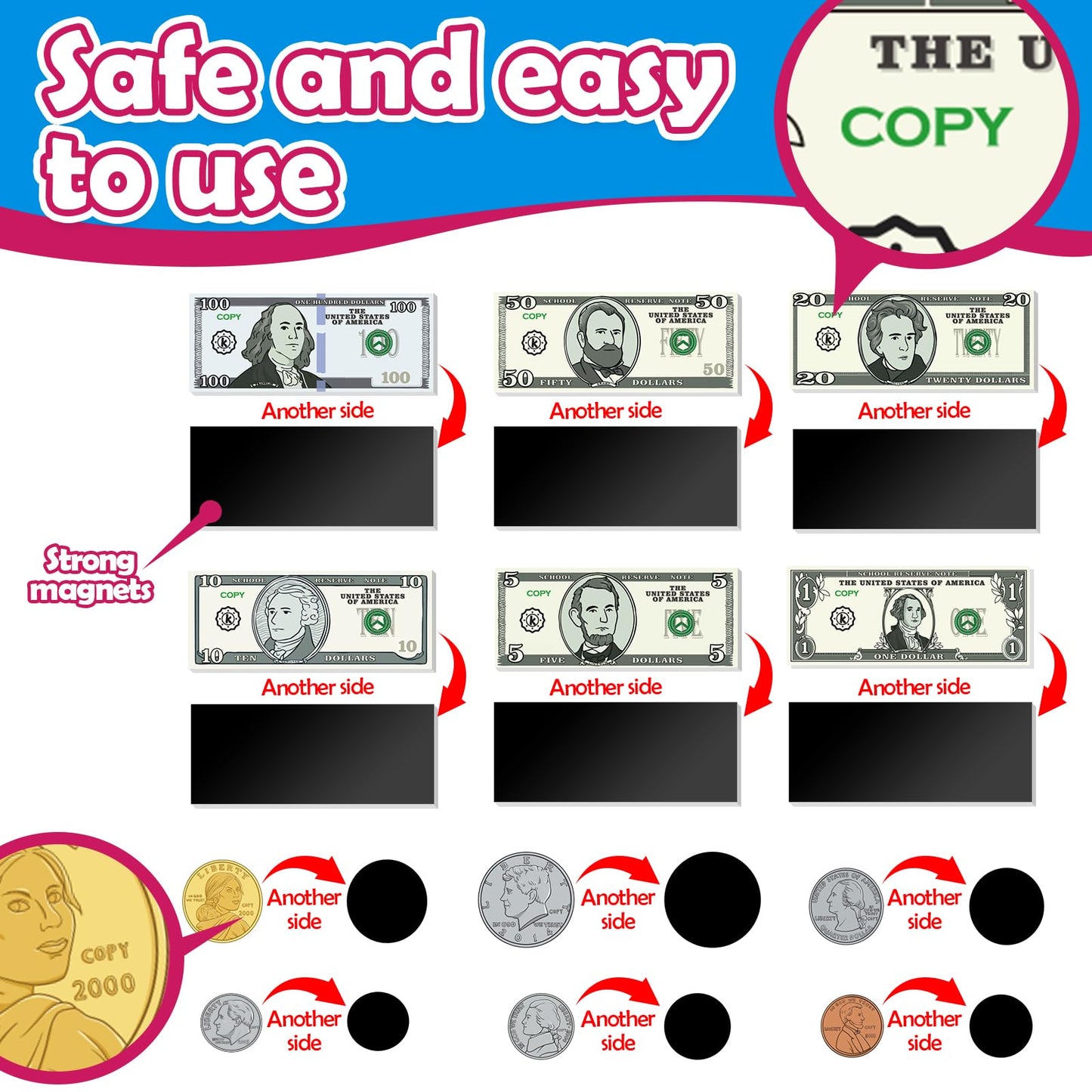 60 PCS Magnetic Money for Kids for Learning, Math Manipulatives, Learning & Education Toys for Classroom, Pretend Play, Math Games for Toddler, Teacher and Homeschool Supplies