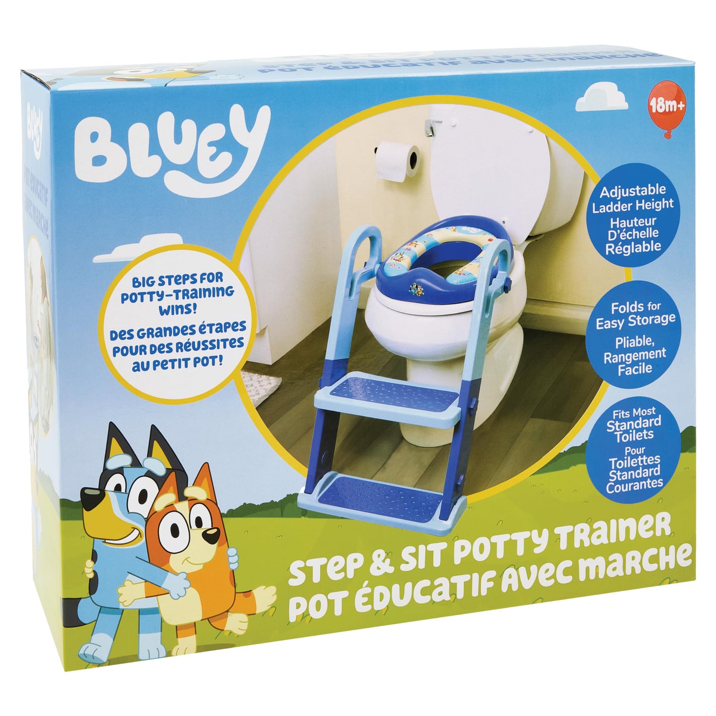 Bluey Step & Sit Potty Trainer; Secure Ladder for Kid-Safe Climbs to Potty; Fun Bluey Images on Cushioned Potty Seat; Adjustable Ladder Height; Removable Seat for Cleaning; Folds for Storage