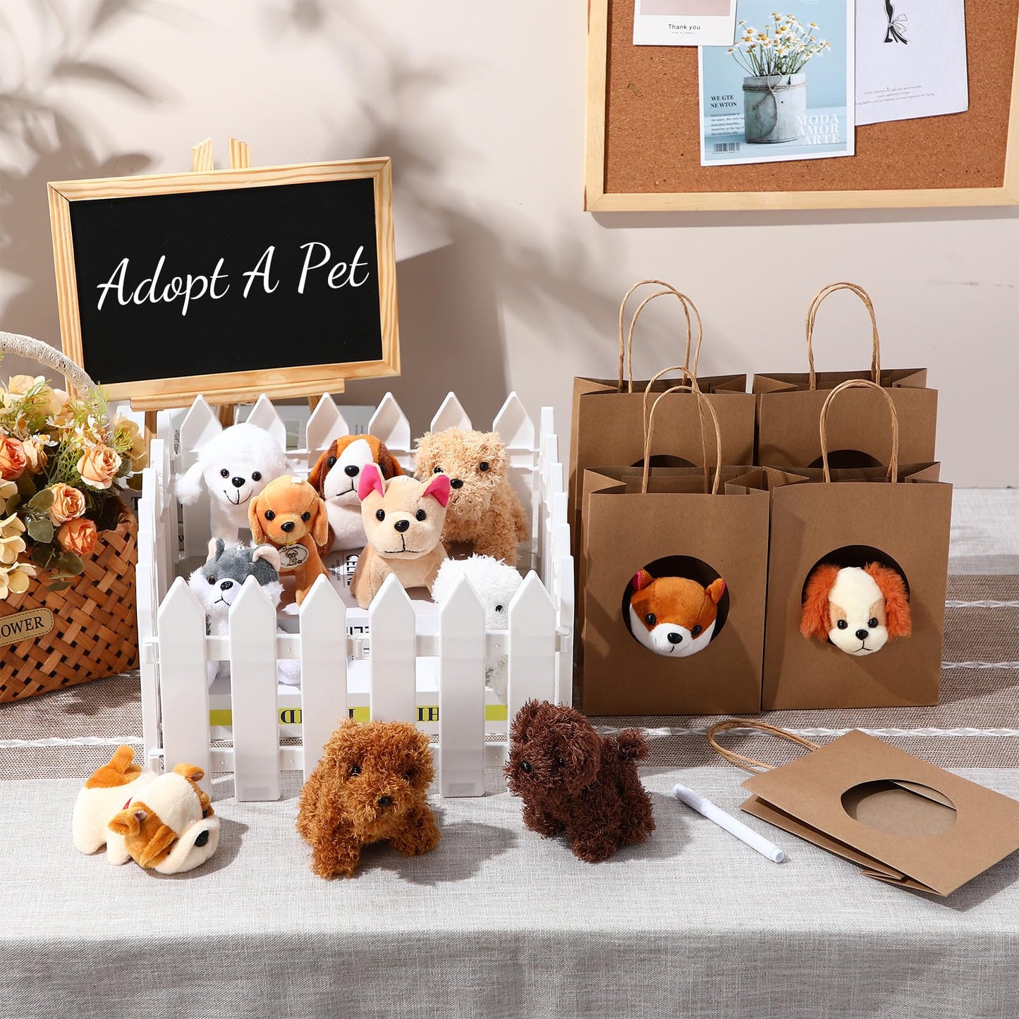 Arrowbash 36 Pcs Puppy Birthday Party Favor Mini Plush Stuffed Animal Dog Set with 10 White Plastic Fence 12 Kraft Paper Gift Bags Wooden Chalkboard Sign for Adopt a Pet Dog Birthday(Classic)
