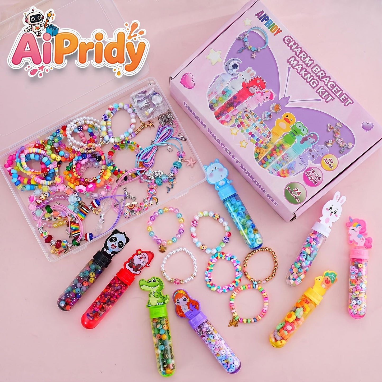 AIPRIDY Creative Beading Kit, Charm Bracelet Jewelry Making Kit for Kids, 24 Styles, 24 Pack Bracelet Wands,Classroom Prizes,Goodie Bags Stuffers, Ages 4+ (Glass+Plastic Mixed)