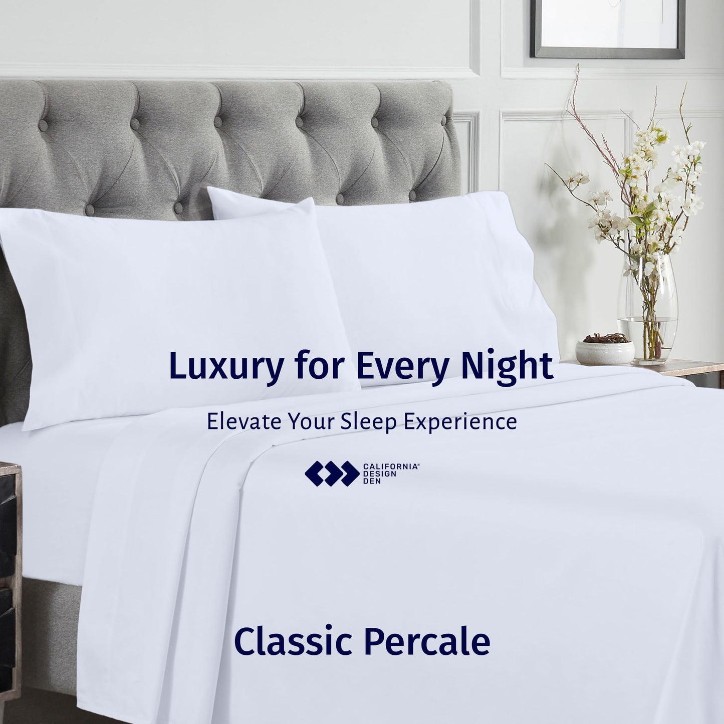 California Design Den Certified 100% Egyptian Cotton Sheets Queen Size Bed Set - Lightweight & Crisp Percale Queen Sheet Set Deep Pocket, Cool & Durable Luxury Bedding - White
