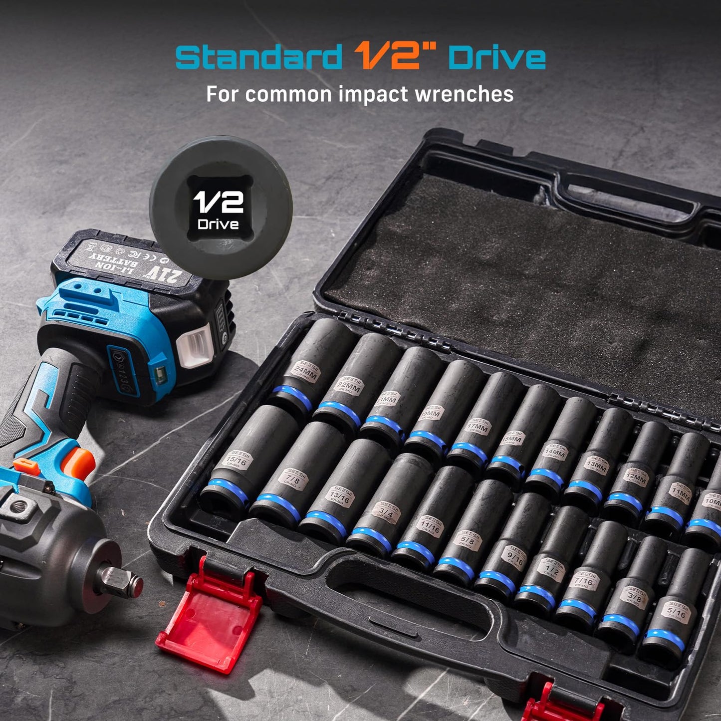 1/2" Drive Deep Impact Socket Set, SAE & Metric Sockets (5/16"-15/16" & 10-24mm), Professional CR-MO Steel, 6-Point for Impact Wrench, Automotive & Truck Repair Tool Kit