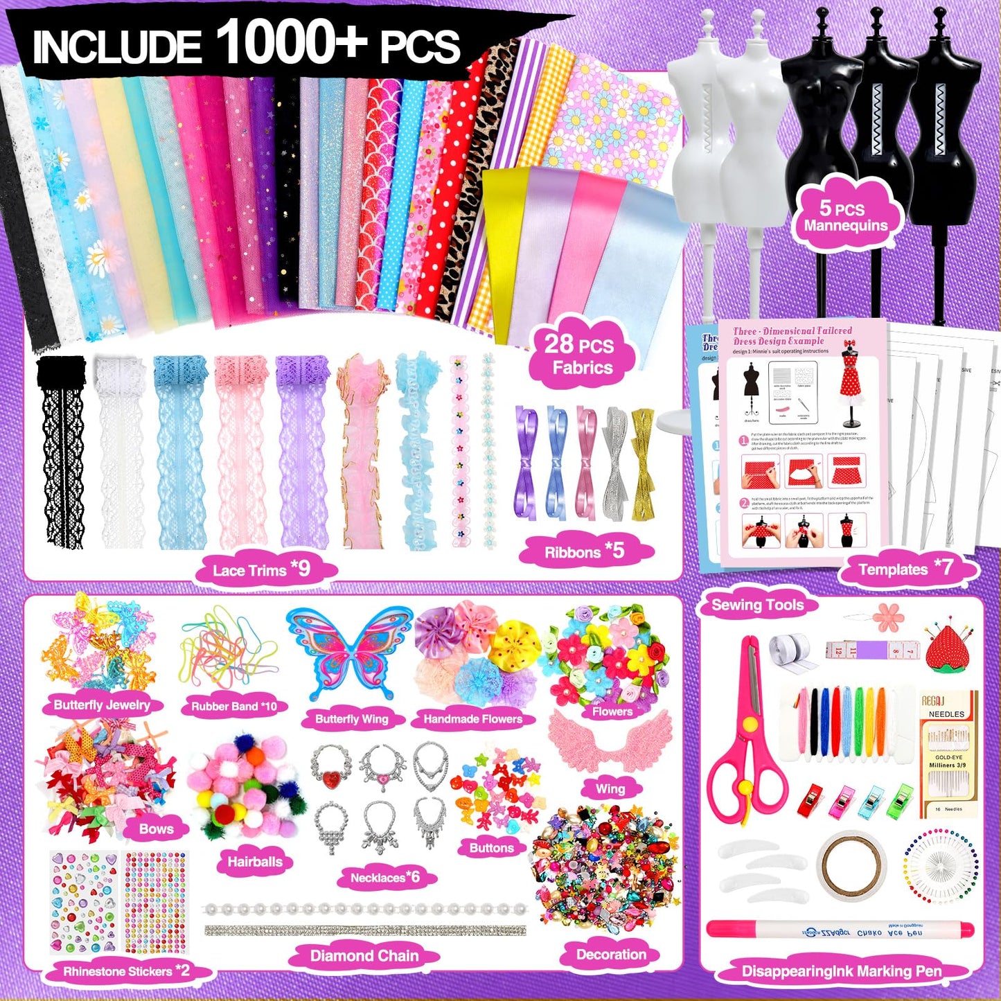 Sunrad 1000+ PCS Fashion Designer Kits for Girls with 5 Mannequins, DIY Arts & Crafts Sewing Kit for Kids Doll Clothes Making Toys, Birthday Gifts for Girls Age 6 7 8 9 10 11 12+