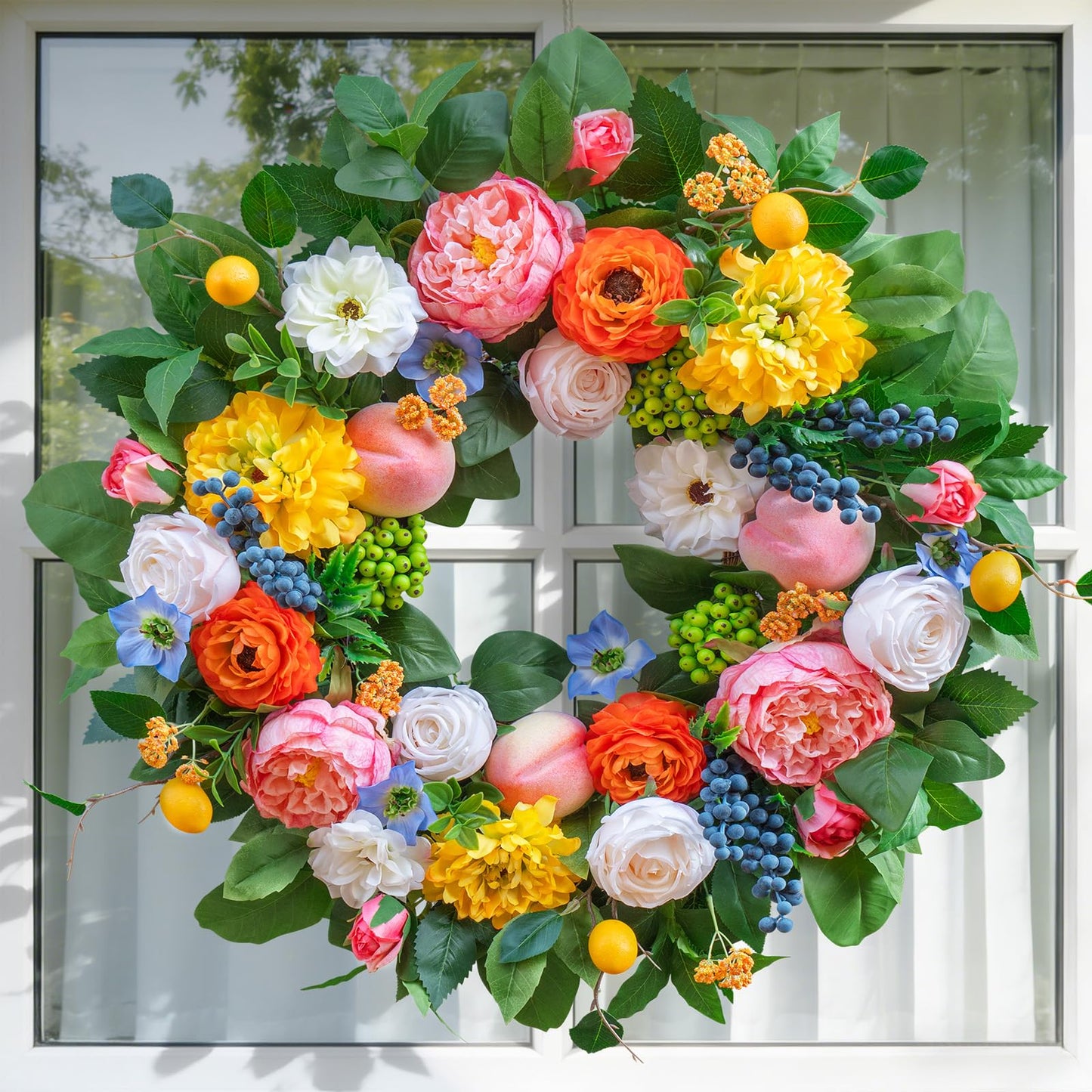 Pinkpuii Spring Wreaths for Front Door 24 Inch Vibrant Spring Summer Wreath with Peonies,Roses,Marigolds,Blueberries & Realistic Fruit Accents (Peach, Lemon)- Ideal for Porch,Entryway,Wall,Window