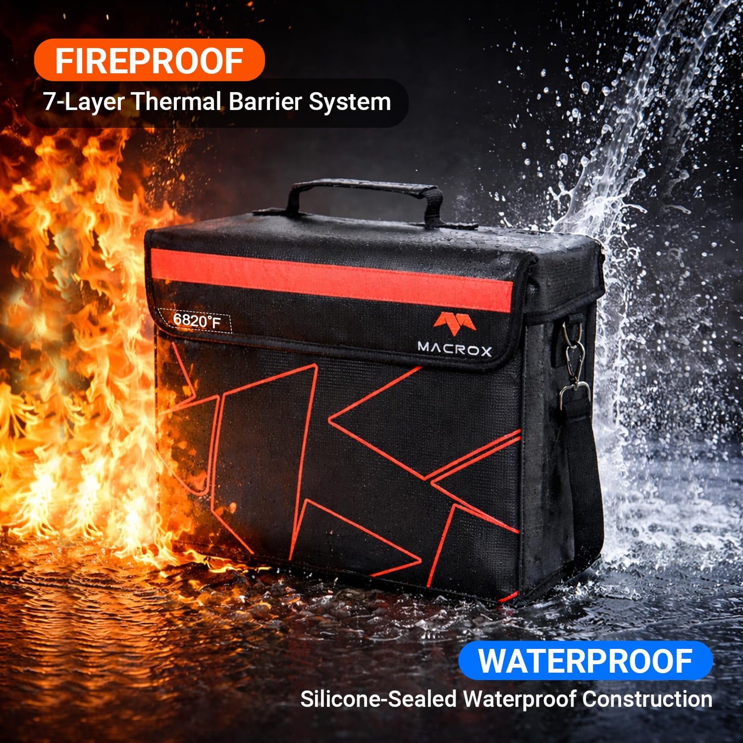 Fireproof and Waterproof Document Bag with Lock, 6200℉ Insulated, Patented Enclosed Flap Design, Heavy Duty Fire Safe Storage Box for Documents, Files & Valuables, 16"x12.6"x6.5"