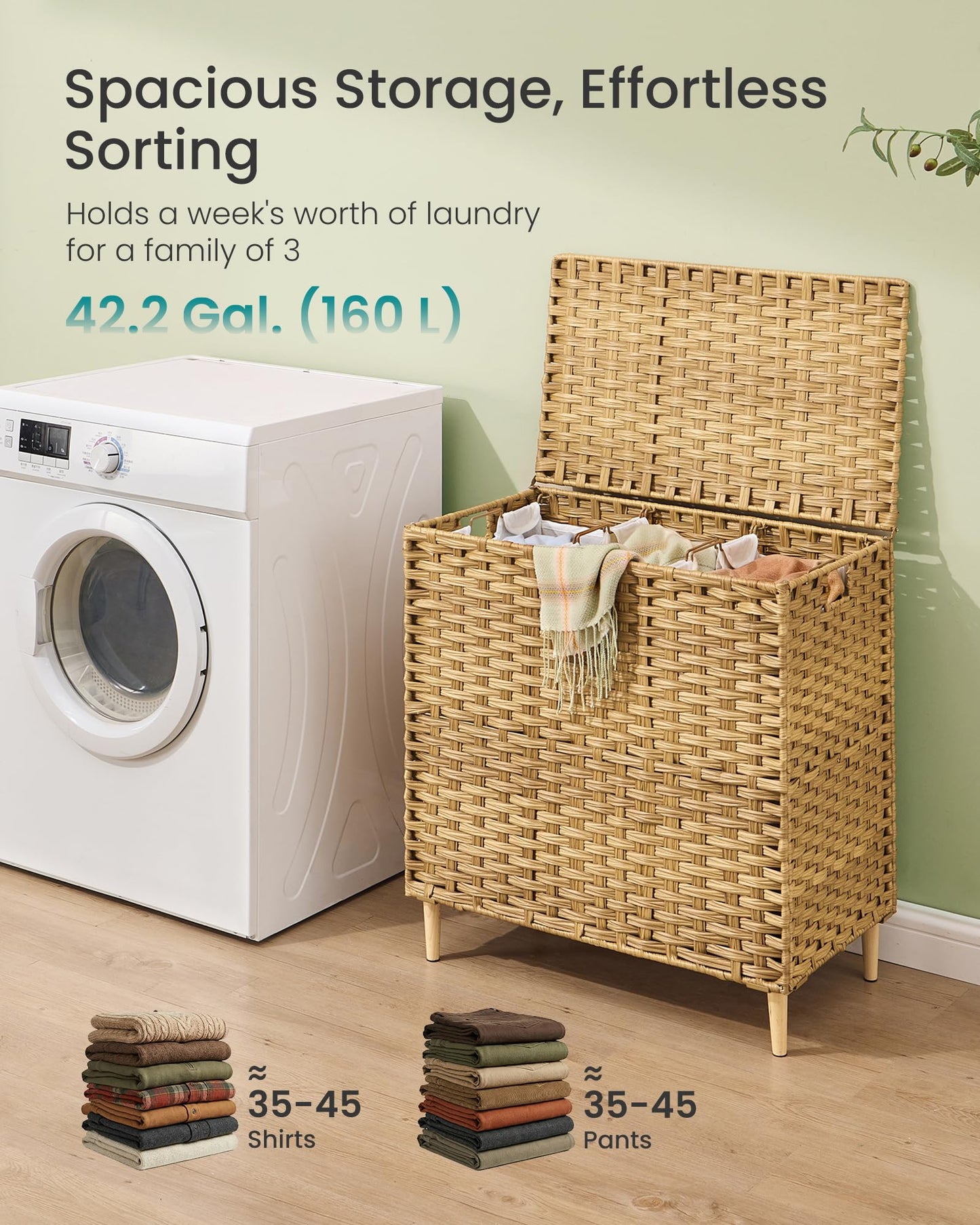 SONGMICS 3-Section Laundry Hamper with Lid, 42.2 Gal (160L) PE Rattan Laundry Basket with Removable Washable Liners, for Bedroom & Living Room, Goose Yellow ULCB223YE01