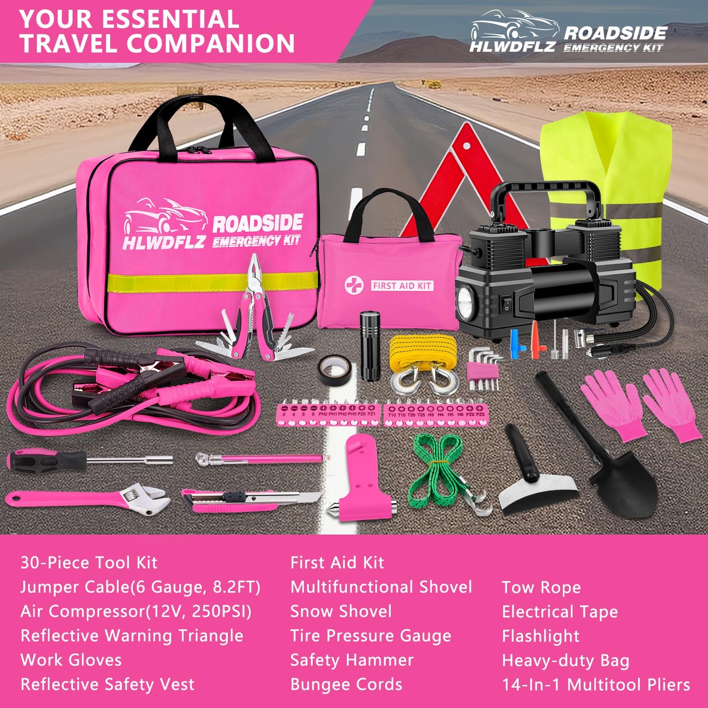 HLWDFLZ Car Emergency Kit with Portable Air Compressor - Roadside Assistance Emergency Kit with Jumper Cables, First Aid Kit, Auto Tool Set, Winter Safety Kit for Women, Men, Teen (Pink)