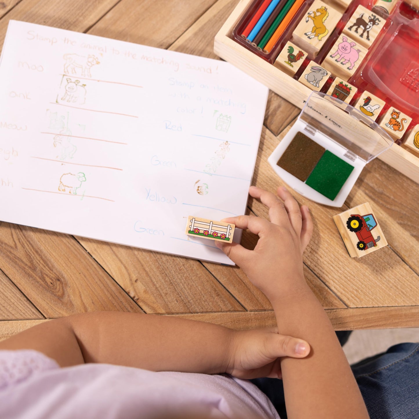 Melissa & Doug Stamp-a-Scene Wooden Stamp Set: Farm - 20 Stamps, 5 Colored Pencils, and 2-Color Stamp Pad