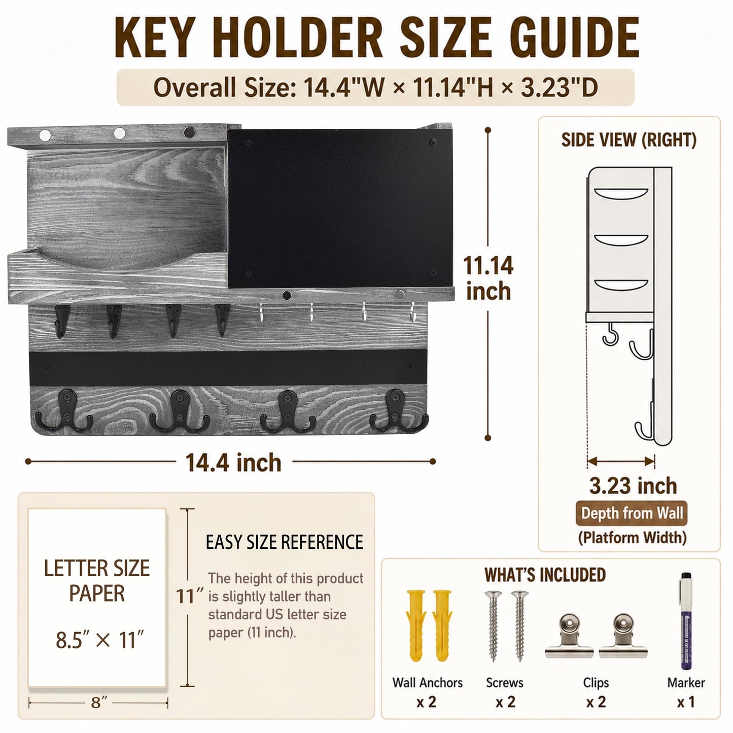 HEKOOLA Key Holder for Wall Mount with Shelf and Mail Organizer, Key and Mail Holder with 16 Hooks, Farmhouse Entryway Organizer, Home Decor Rack(Pine Wood,Washed Gray)
