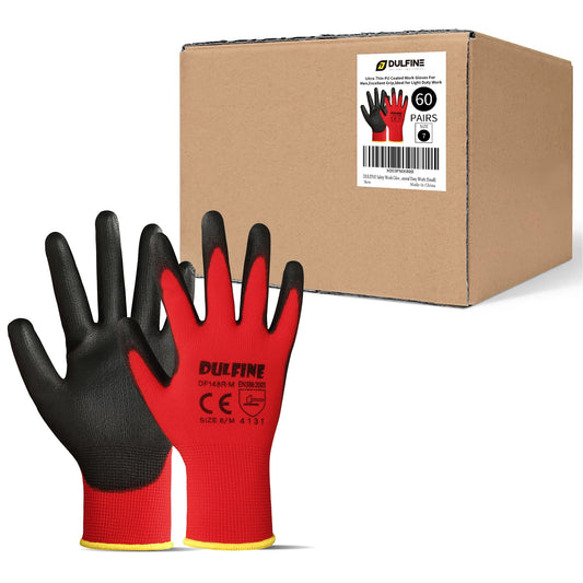 DULFINE Safety Work Gloves PU Coated-60 Pairs,Red Seamless Knit Glove with Polyurethane Coated Smooth Grip on Palm & Fingers, for Men and Women, Ideal for General Duty Work (Large)