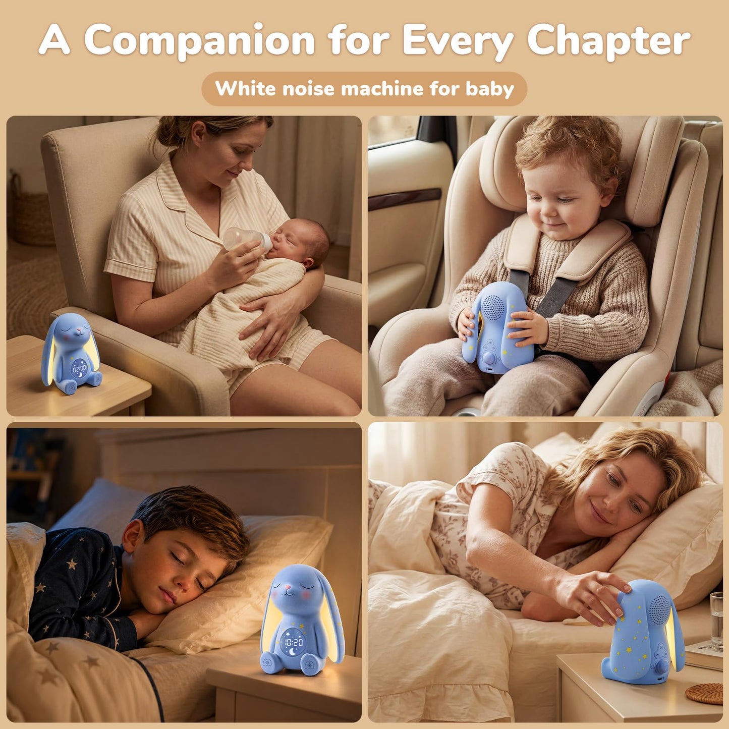 Mom's Choice Awards丨Bunny White Noise Sound Machine Baby for Sleep- AI Cry Detection, 100 Soothing Sounds, Full APP Access Included, Newborn Baby Boy Gifts, Night Light & Sleep Trainer, New Mom Gift