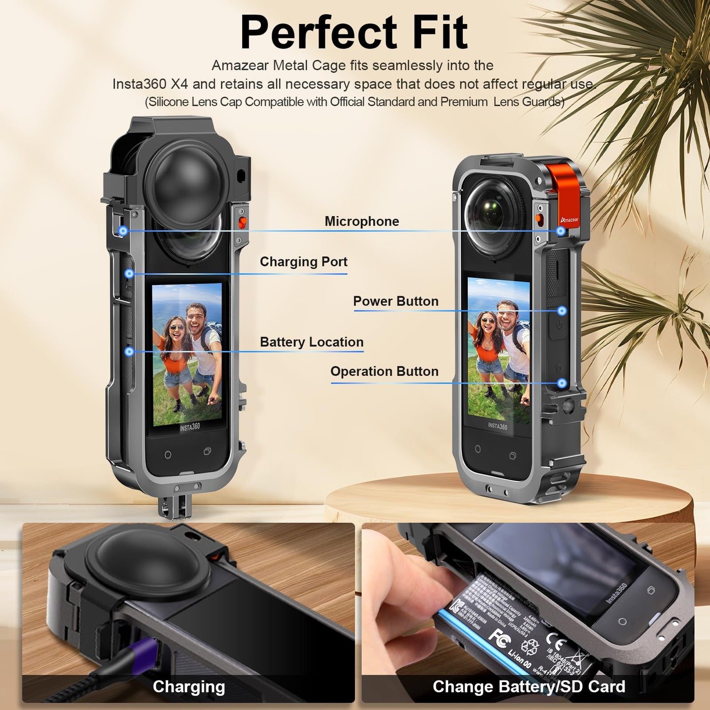 Amazear Metal Protective Case for Insta360 X4 Accessories, Upgraded Insta 360 X4 Multifunction Utility Frame Quick-Release Stronger Construction Aluminum Cage with Silicone Lens Guard Cap