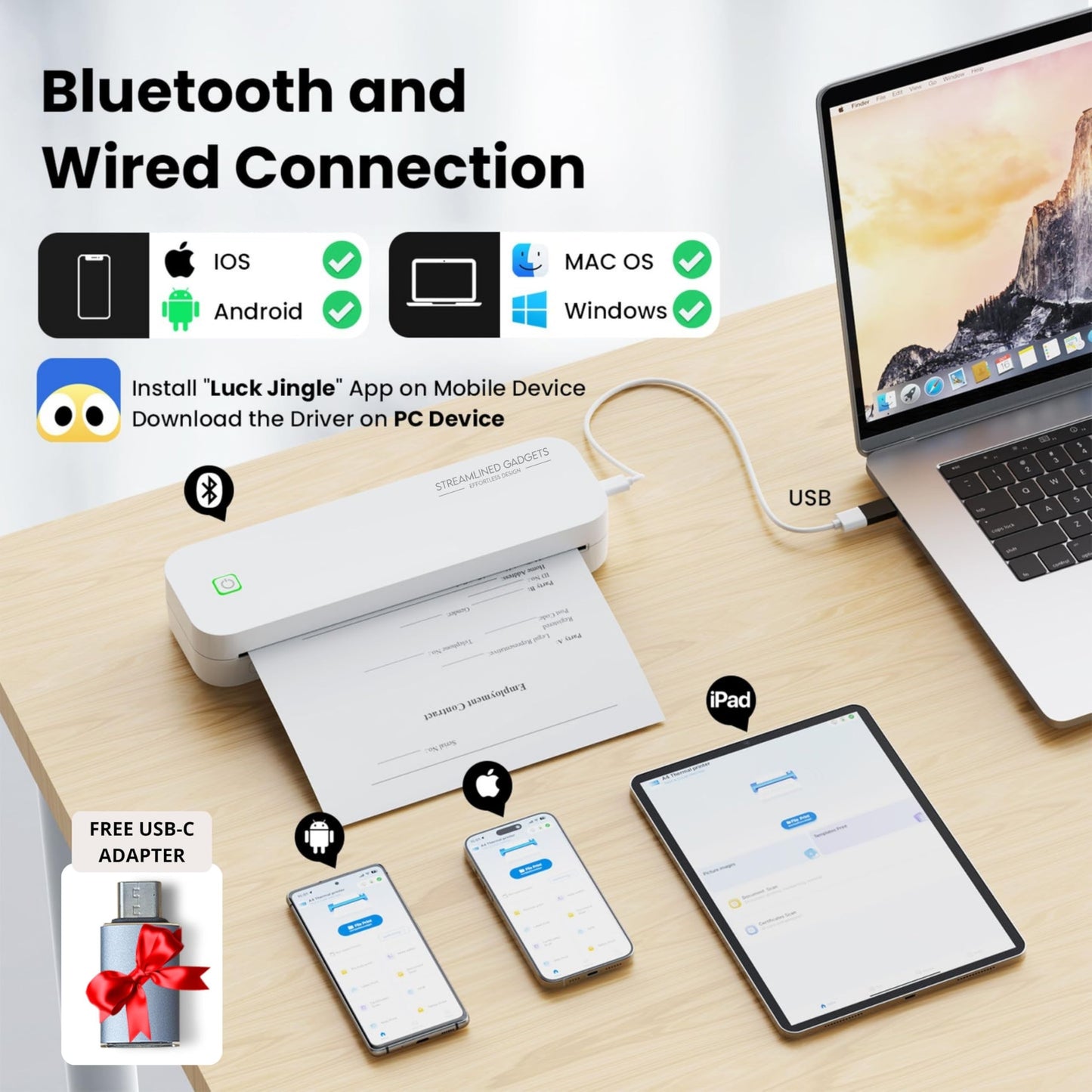 2025 Inkless Portable Printer Wireless for Travel, Bluetooth Thermal Printer Supports 8.5x11 US Letter, Compatible with iOS, Android, MAC, Windows for Office, Car and Home, w/Case+ 3 thermal rolls Kit