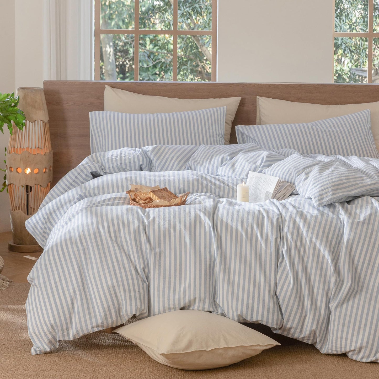 MooMee Striped Duvet Cover Set 100% Washed Cotton Linen Like Textured Breathable Durable Soft Comfy (Cornflower Blue White Classic Stripes, Queen 90"x90")